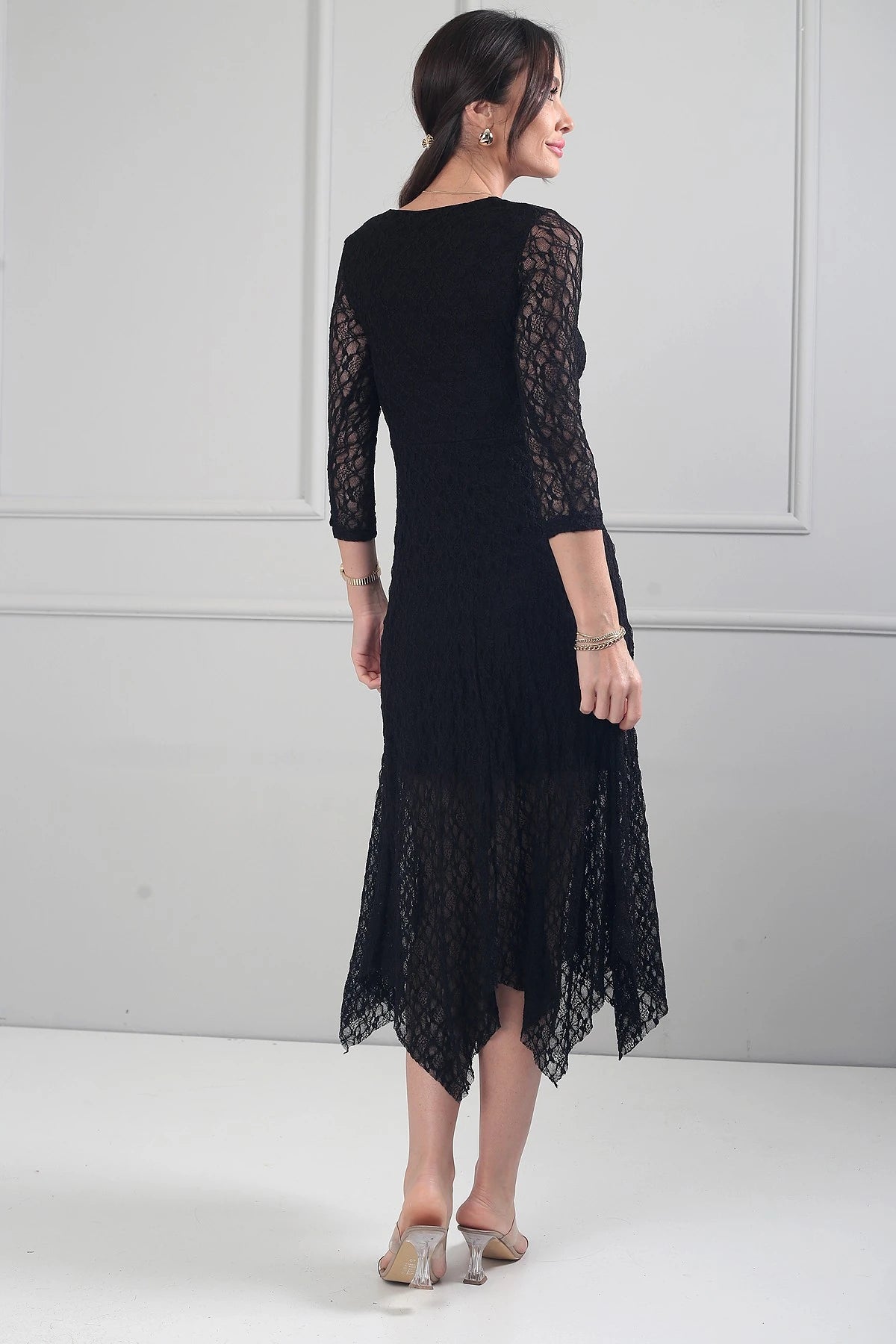 Image of Women's Asymmetrical Lace Midi Dress with Front Knot Detail and Lined Skirt