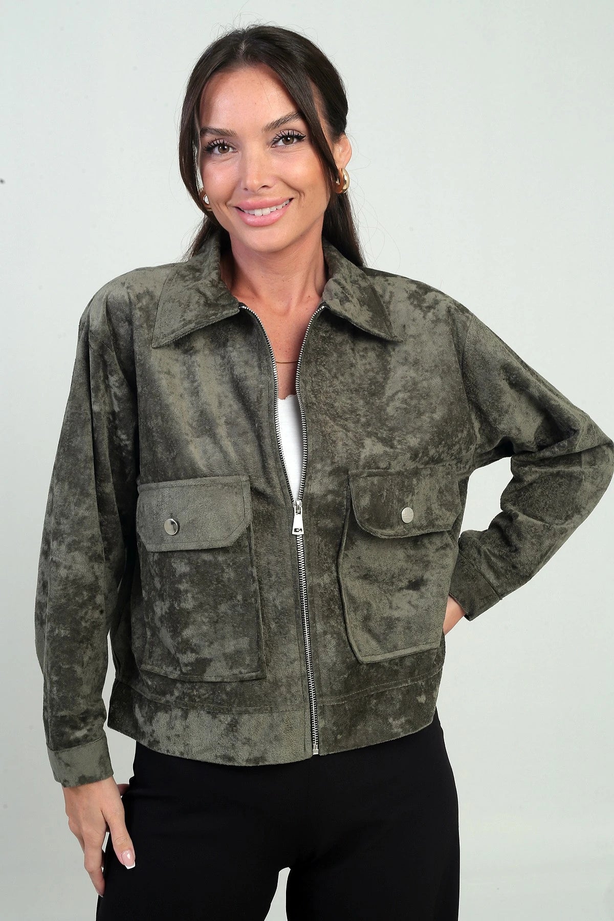 Image of Women's Suede Jacket with Patch Pockets and Zip Front