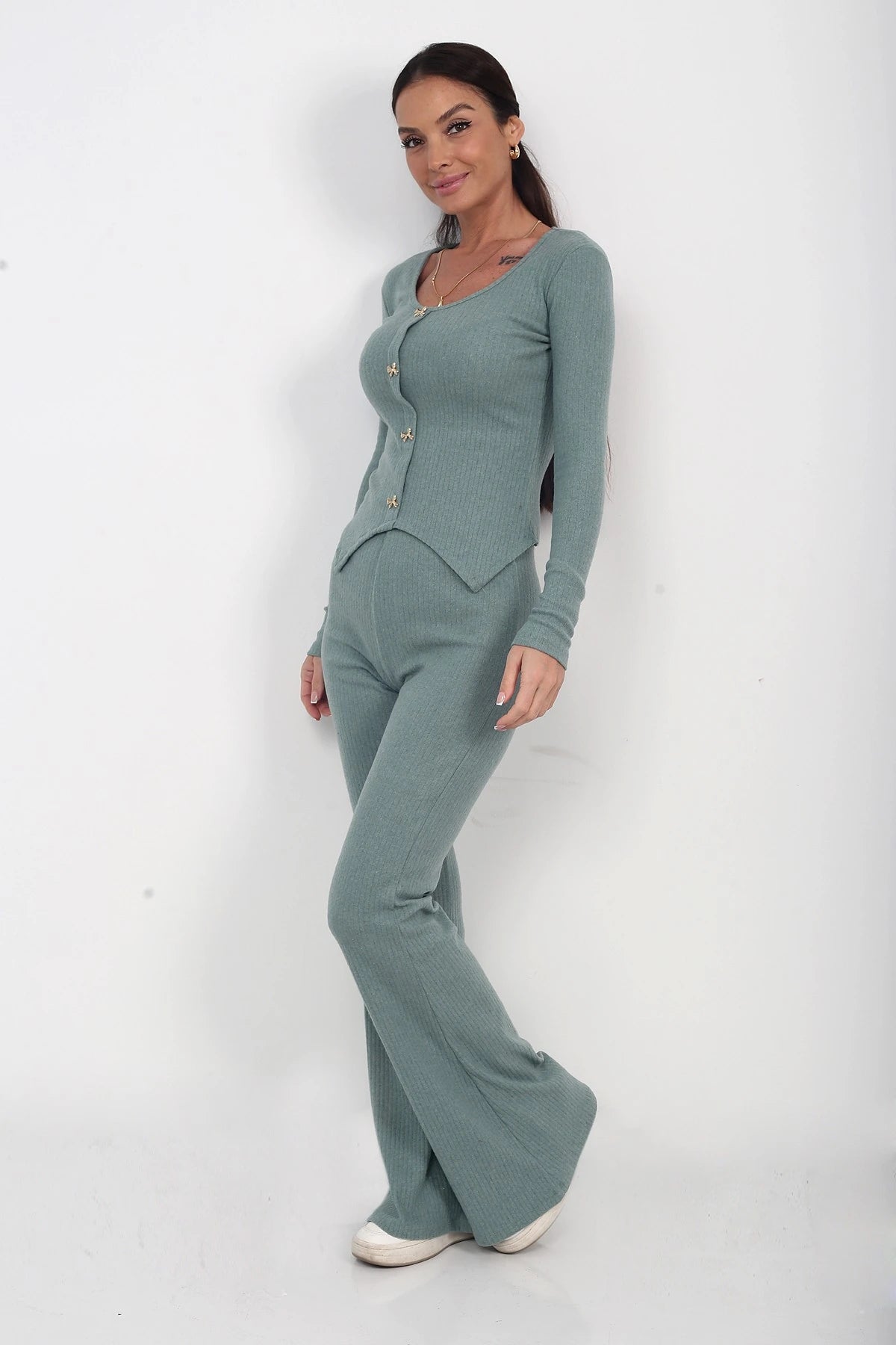 Image of Women's Gold Buttoned Long-Sleeve Blouse and Elastic Waist Wide-Leg Trousers 2-Piece Set