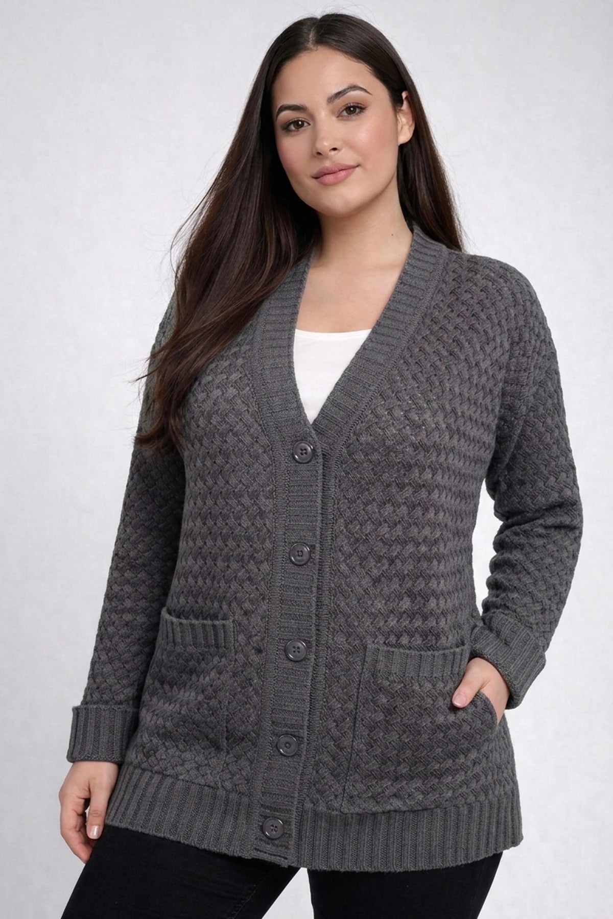 Image of Women's Basket Weave Pattern Pocketed Tunic Cardigan