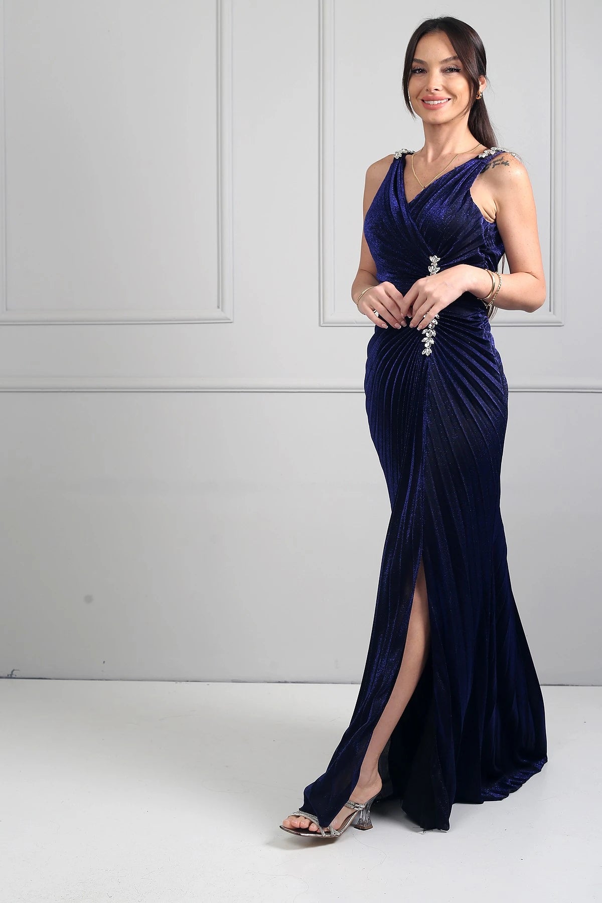 Image of Women's Wrap Neckline Long Evening Dress with Thick Shoulder Stone Detail, Stone Embellished Front, Gathered, and Slit