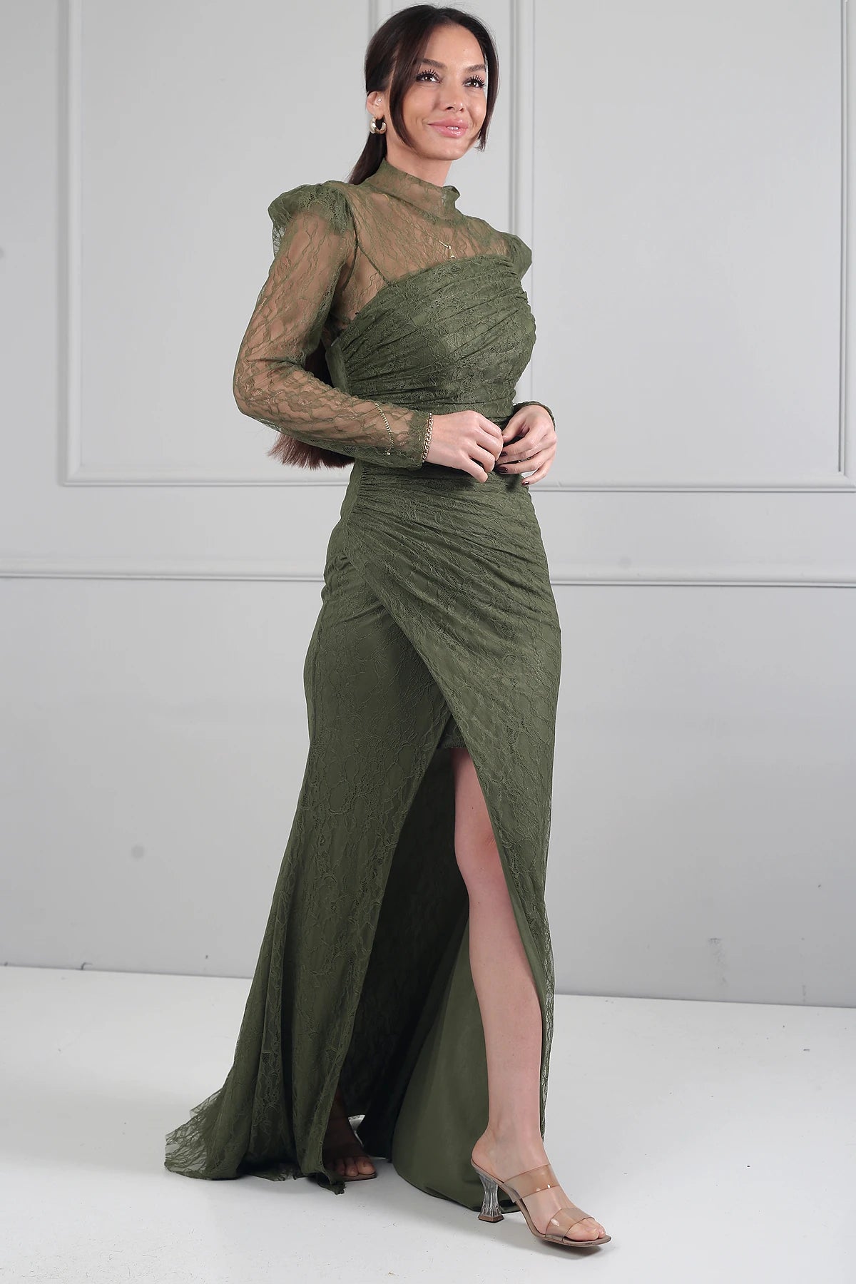 Image of Kadın 3 Parçalı Tasarım Abiye Straplez Önü Büzgülü Astarlı Uzun Elbise Dik Yaka Dantel Bluz