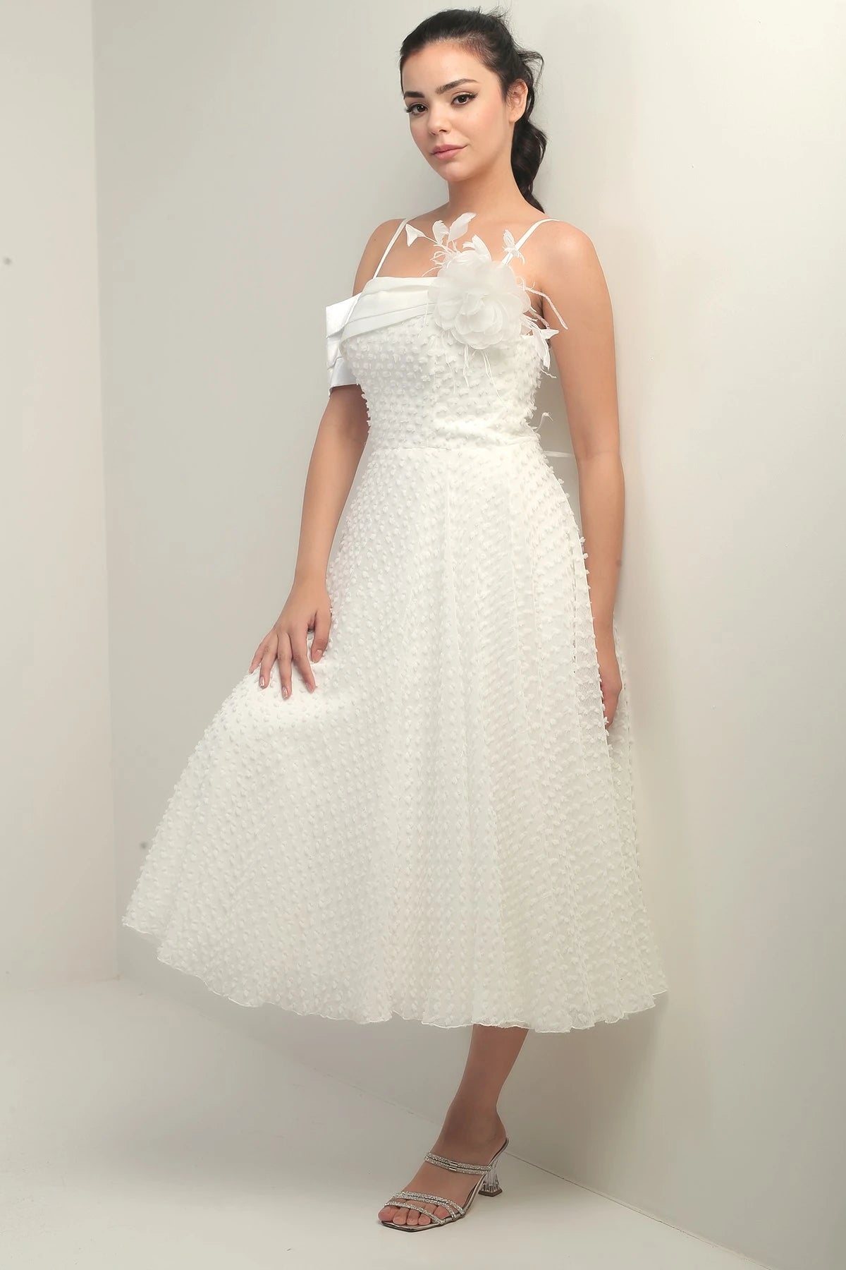 Image of Women's Strappy, Back Lace-Up, Dropped One-Sleeve Dress with Feather Brooch, Lined, and Glossy Fabric.