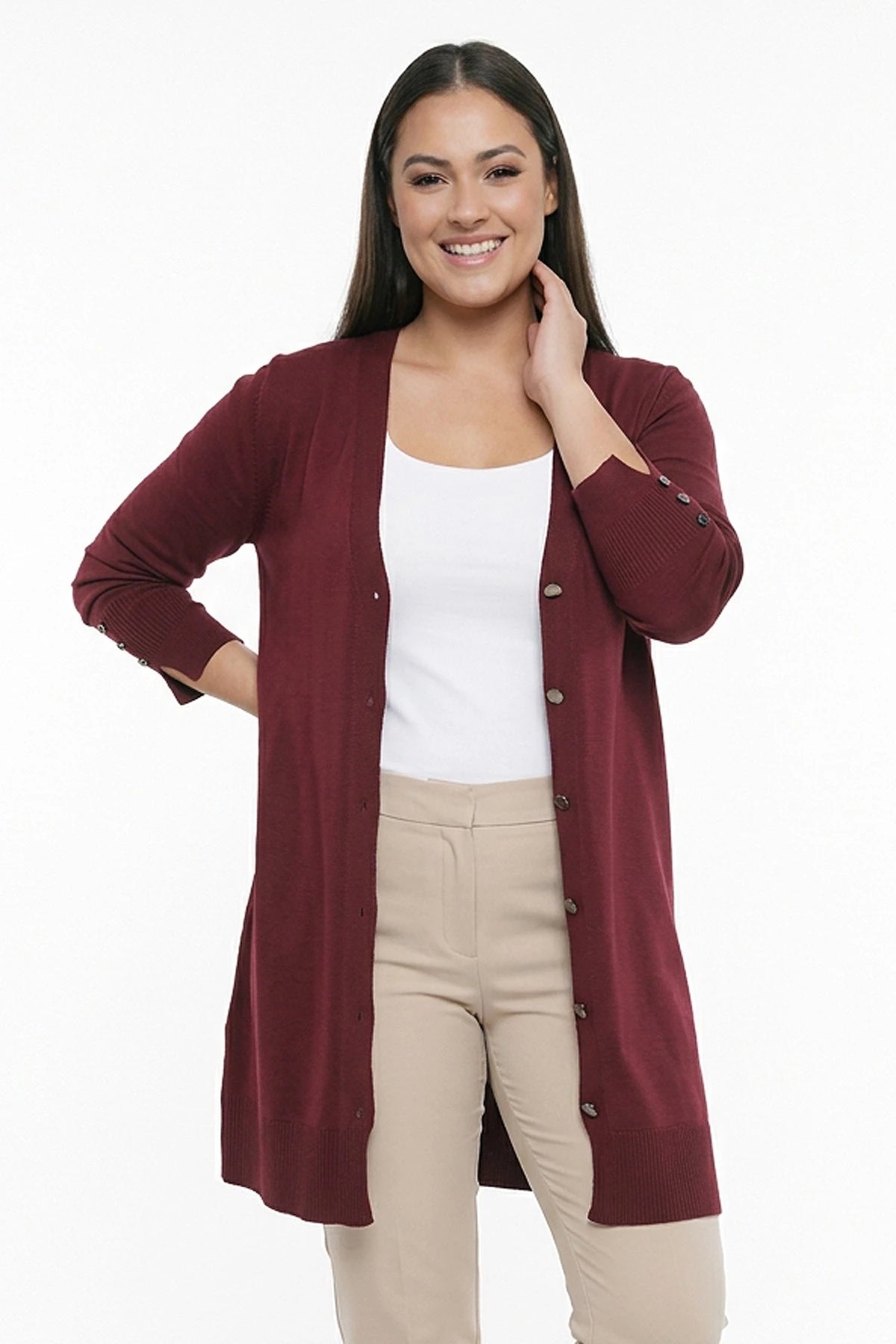 Image of Women's Plus Size Knitted Cardigan with Button Detail on Sleeves