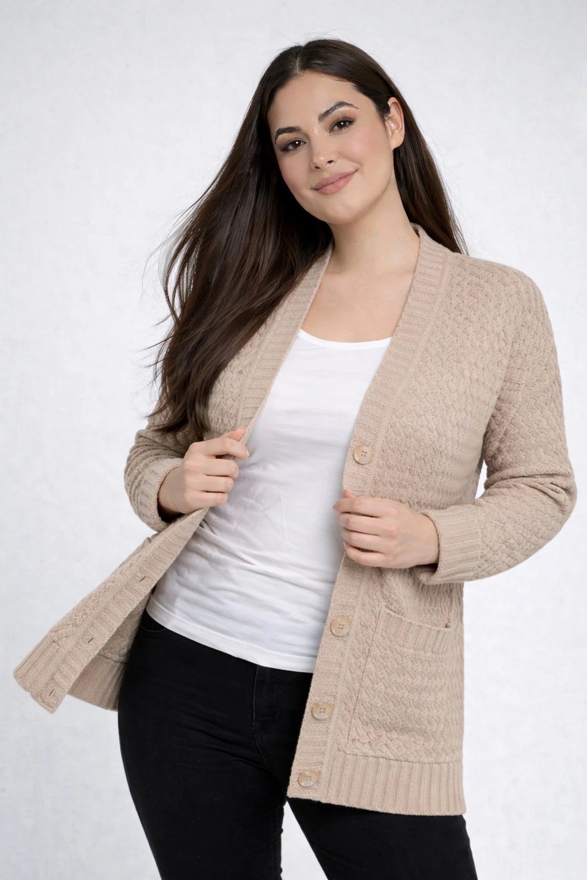 Image of Women's Basket Weave Pattern Pocketed Tunic Cardigan