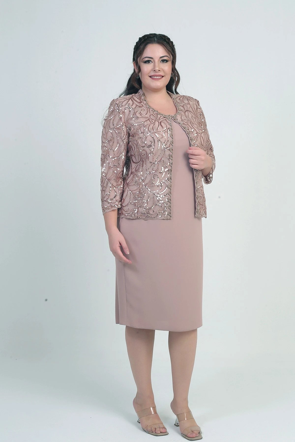 Image of Women's Sequin Embellished Beaded Tulle Jacket, Half-Moon Sleeve Short Dress, Lined Crepe, Plus Size 2-Piece Set