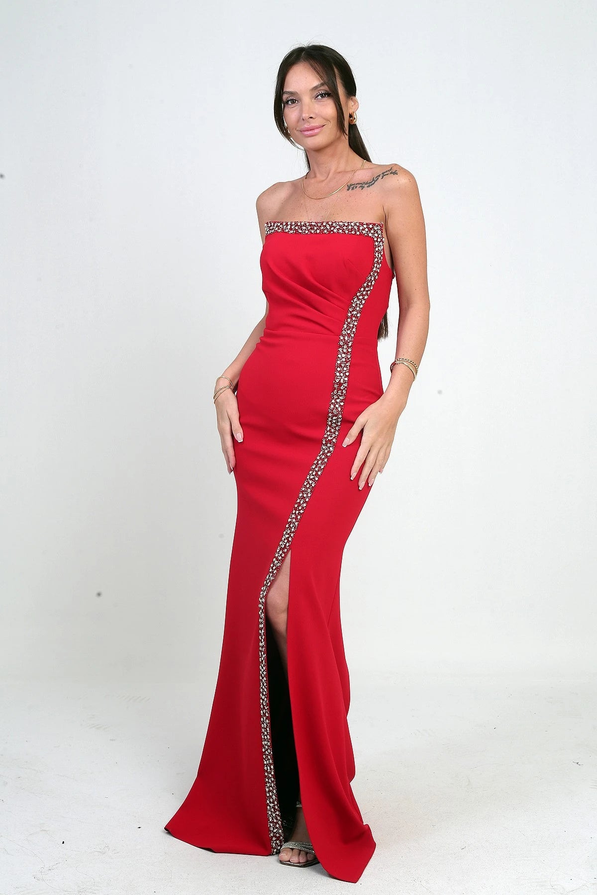 Image of Women's Long Crepe Dress with Draped Front and Stone Embellishments
