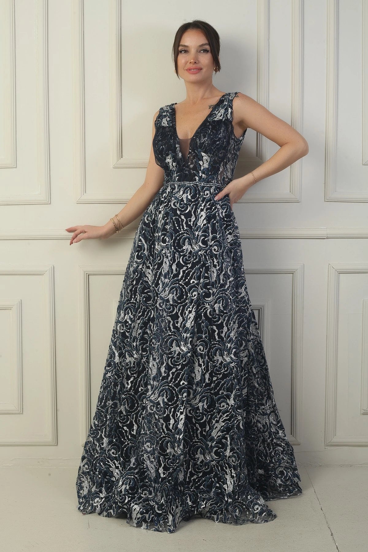 Image of Women's Front and Back V-Neck, Bust Pleat, Back Lace-up, Lined, Glitter Flock Print Long Evening Dress