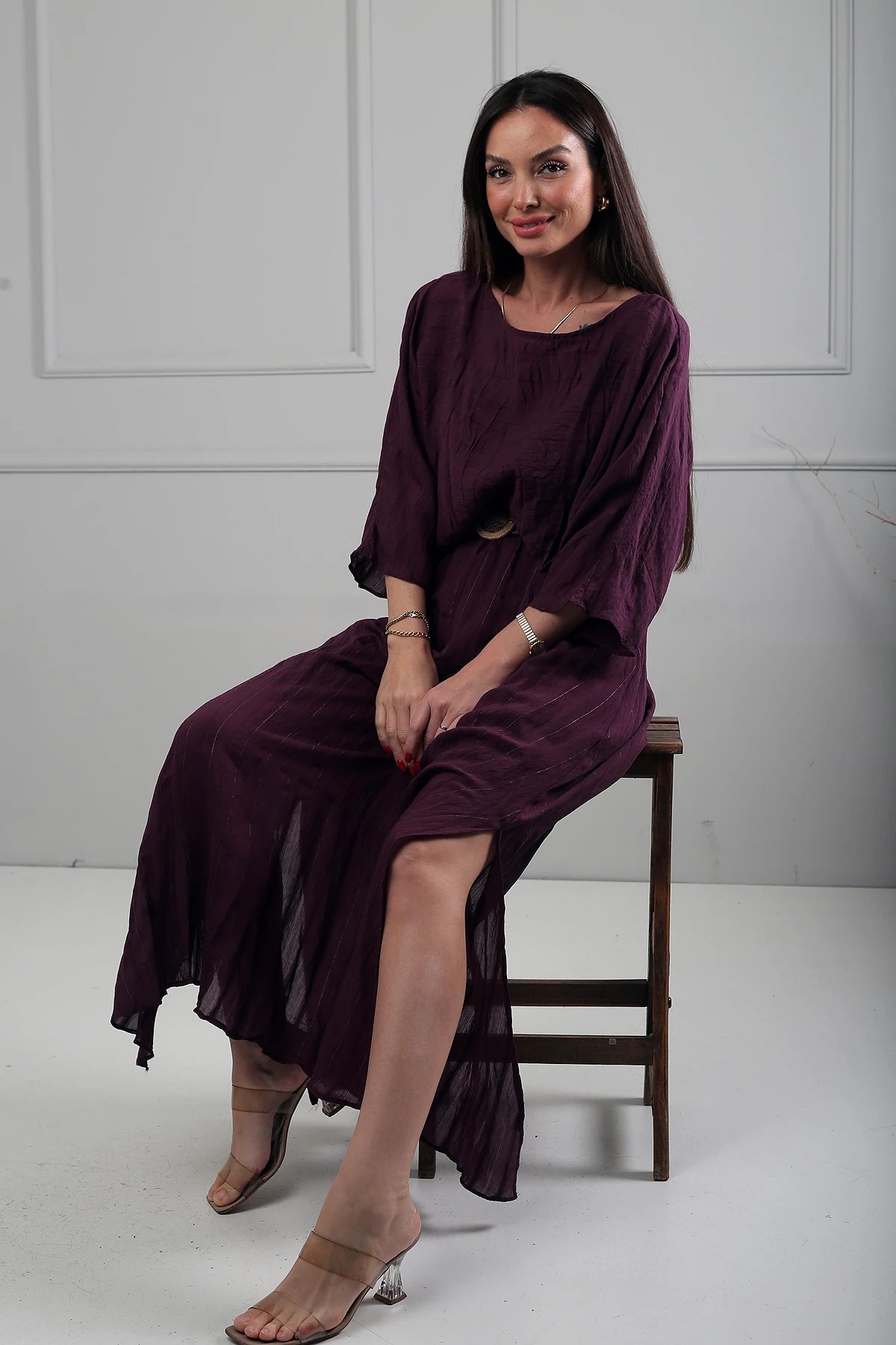 Image of Bluză pentru femei cu mâneci lungi tip liliac, talie elastică, fustă lungă căptușită, set din 2 piese, model boem, din modal strălucitor