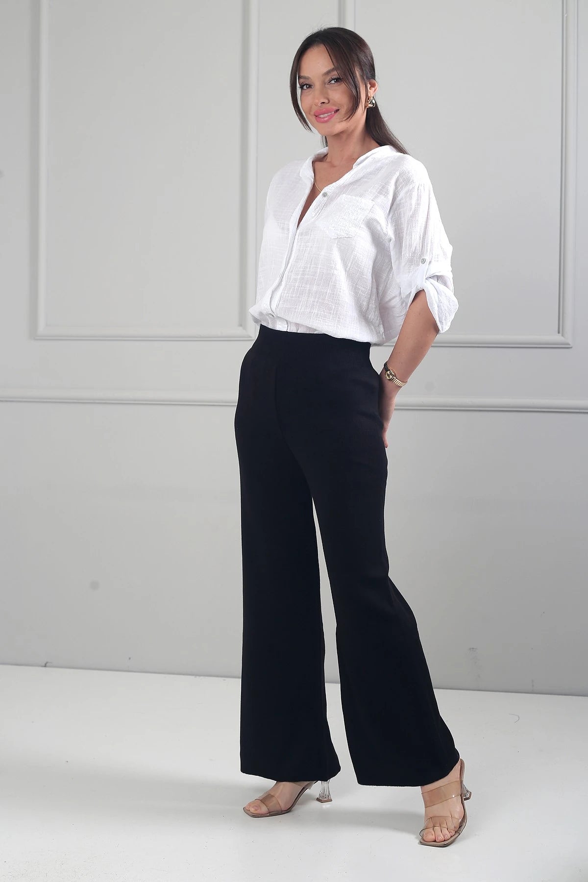 Image of Women's Elastic Waist Palazzo Knit Trousers