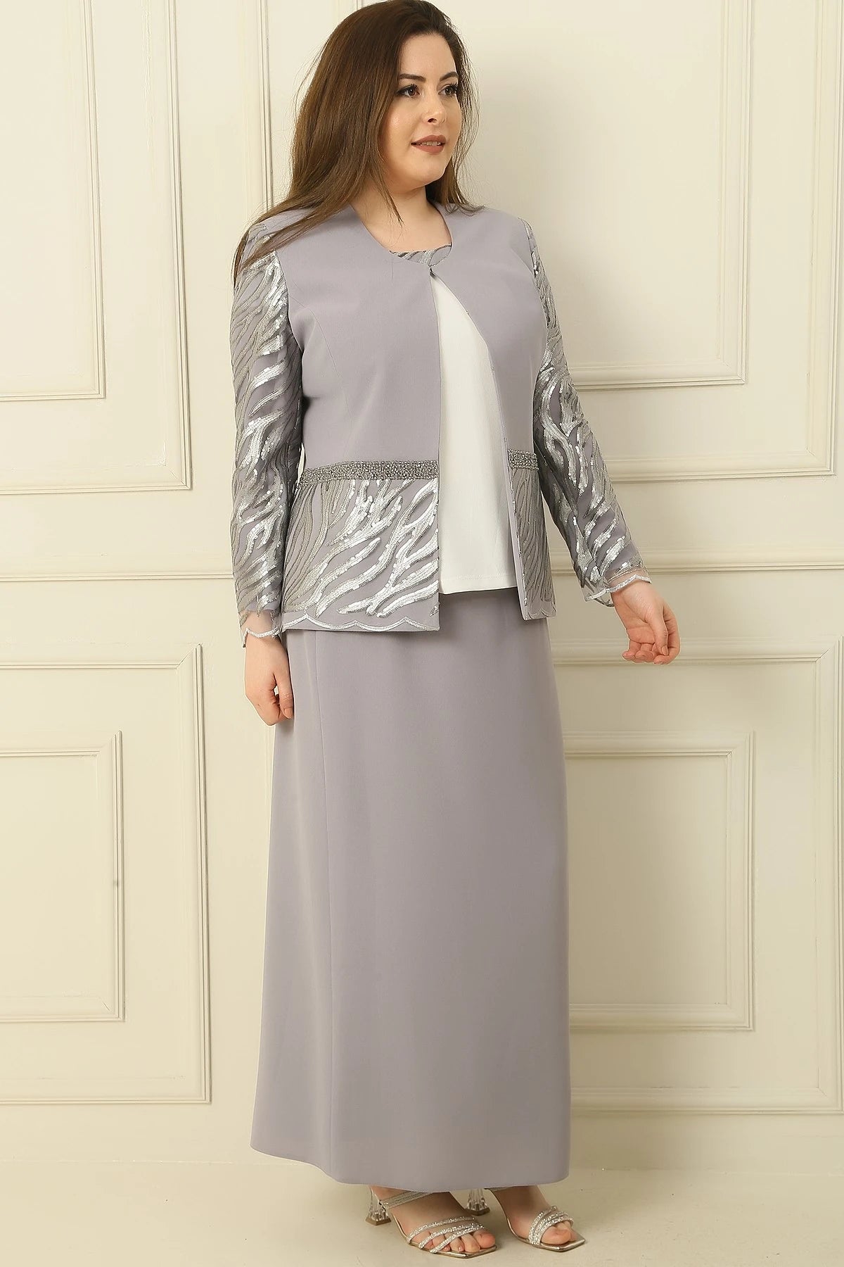Image of Three-Piece Set: Half-Moon Sleeve Blouse, Sequin Embroidered Jacket and Skirt with Bead Details, Lined, Plus Size.