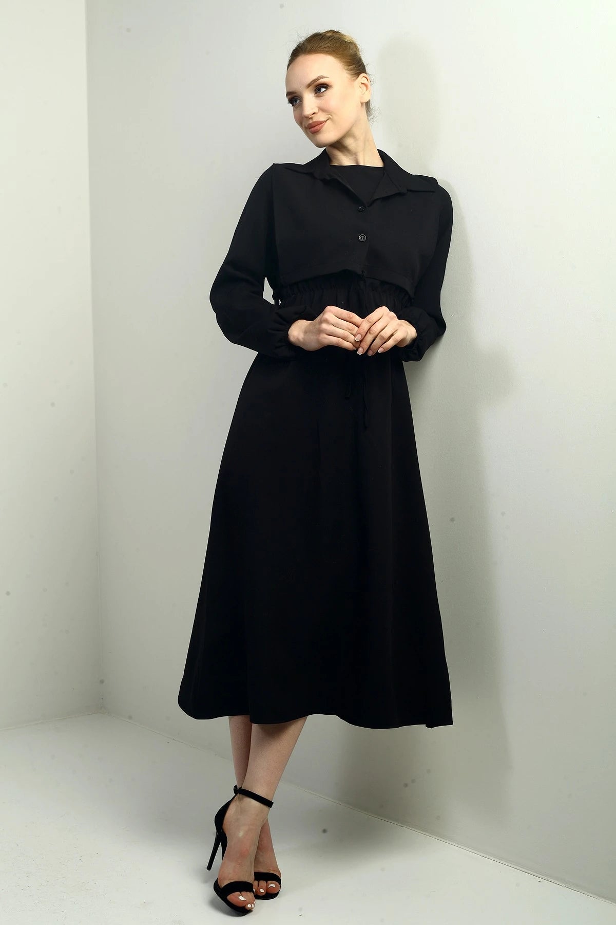 Image of Women's Button-Down Detachable Vest, Elastic Waist, Long-Sleeved Midi Dress