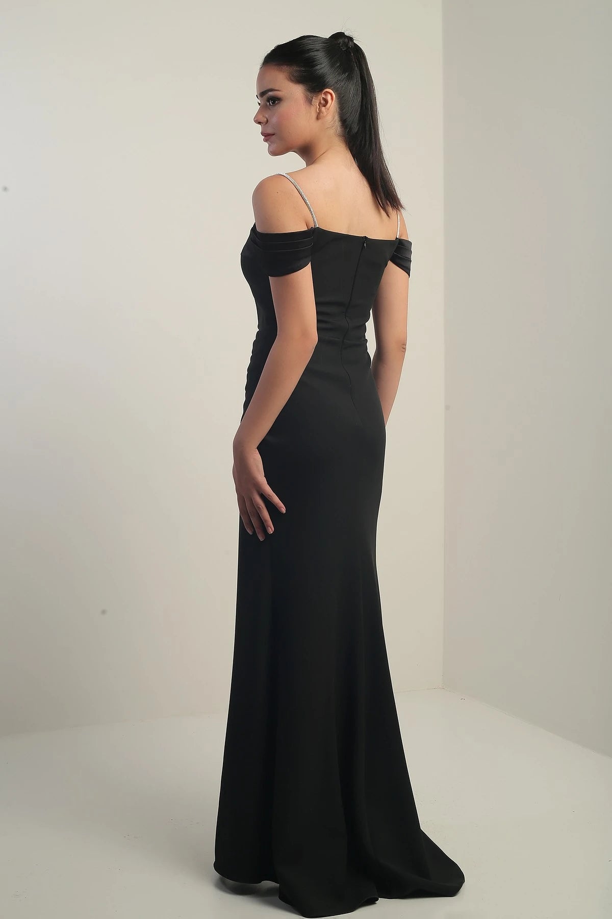 Image of Women's Embellished Thin Strap, Dropped Sleeve Satin Madonna Neckline Lined Draped Double Fishtail Dress