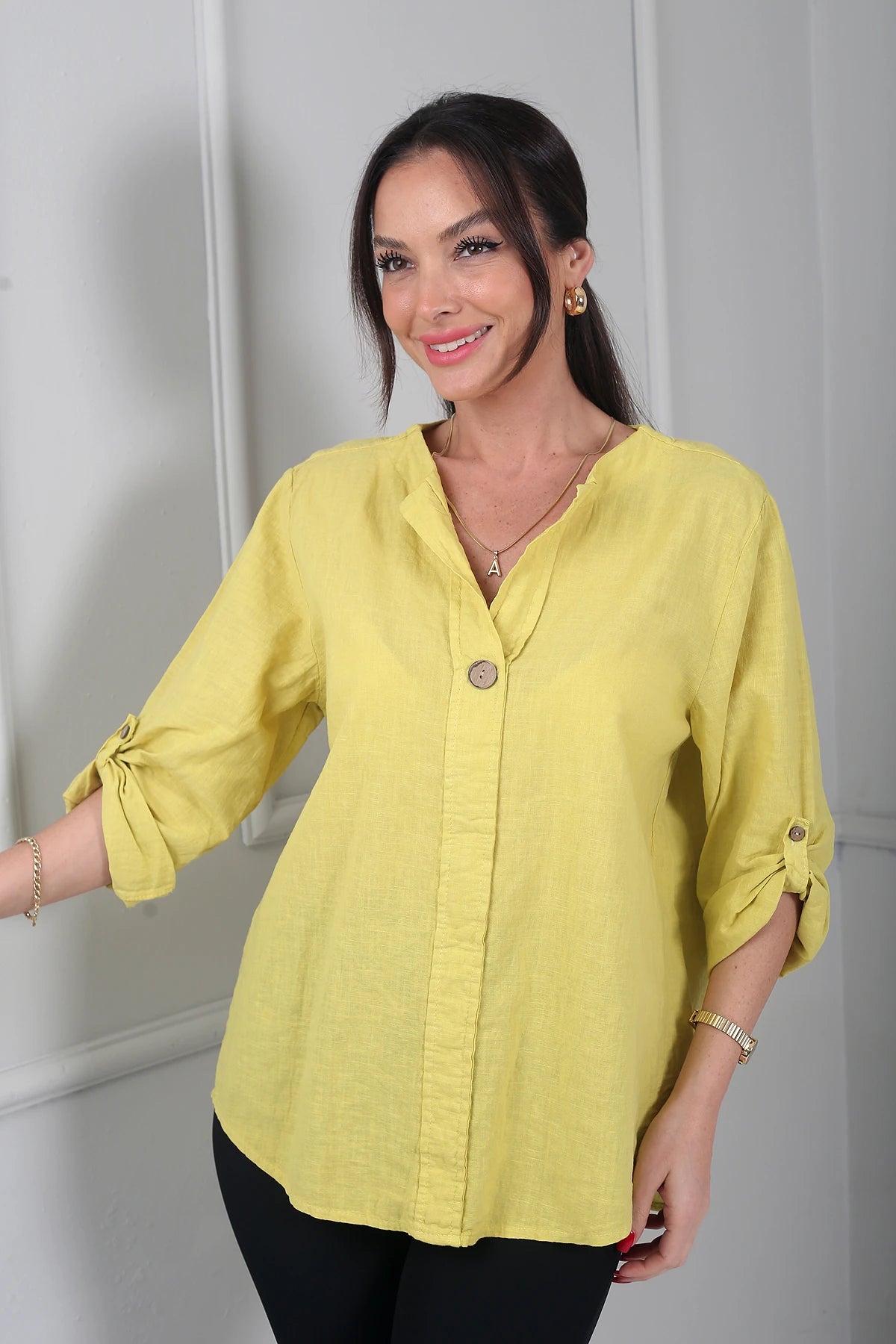 Image of Kadın Düğme Detaylı İtalyan Cotton Oversize Bluz