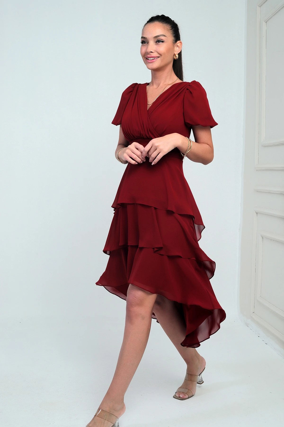 Image of Women's Wrap Neckline Back Zipper Layered Pleated Chiffon Dress