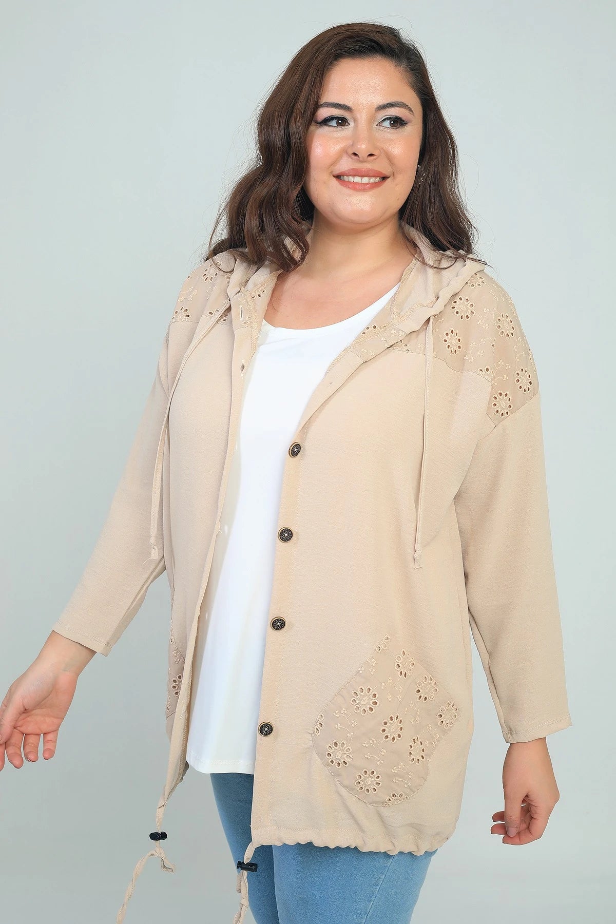 Image of Women's Hooded, Button-Front, Pocketed, Ruffled Plus Size Cardigan