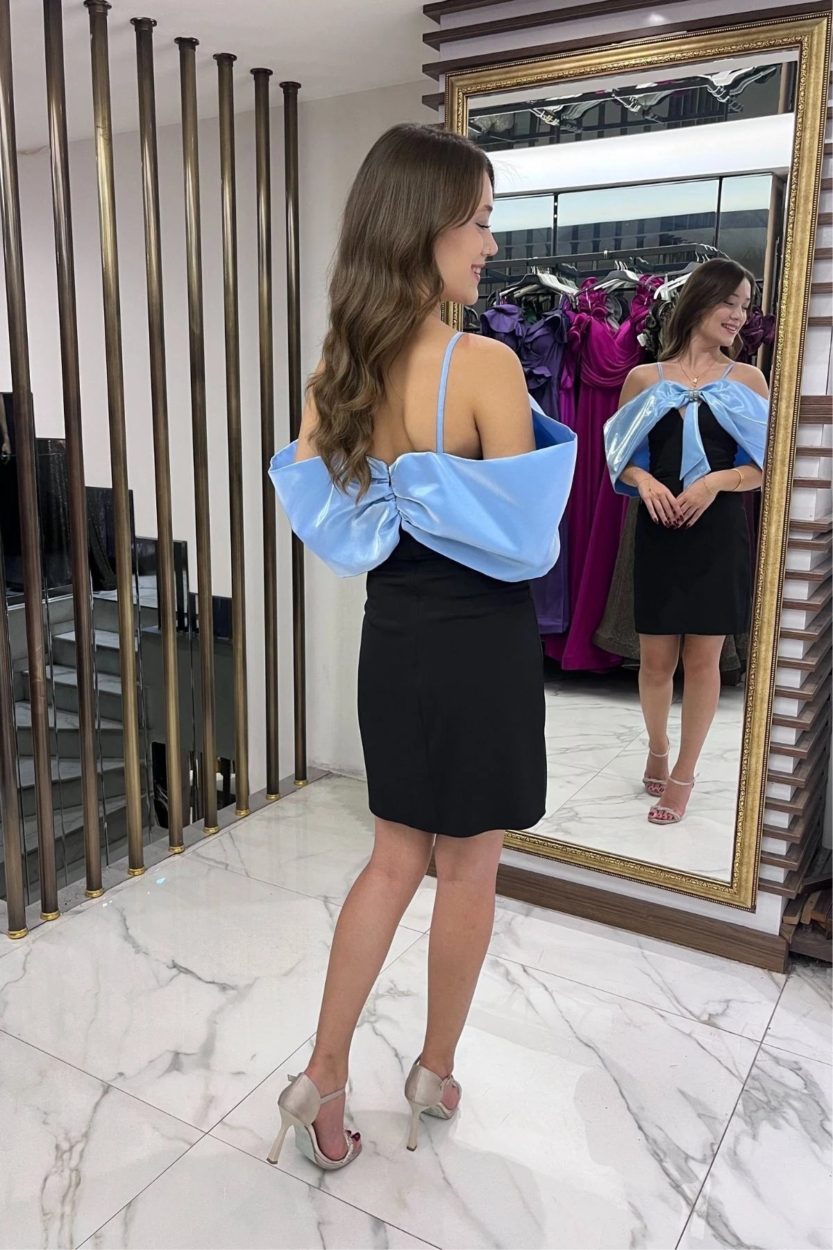 Image of Women's Strappy Satin Short Dress with Stone Embellishments and Lining, and Bow Detail