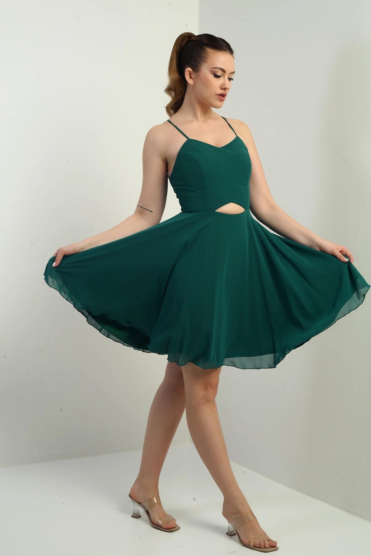 Image of Women's Strappy, Back-Tie, Front-Opening, Lined Chiffon Short Flared Dress