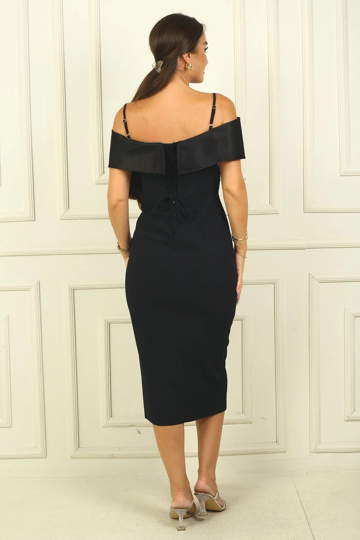 Image of Women's Strappy Cross Neck Lined Double Fabric Evening Dress