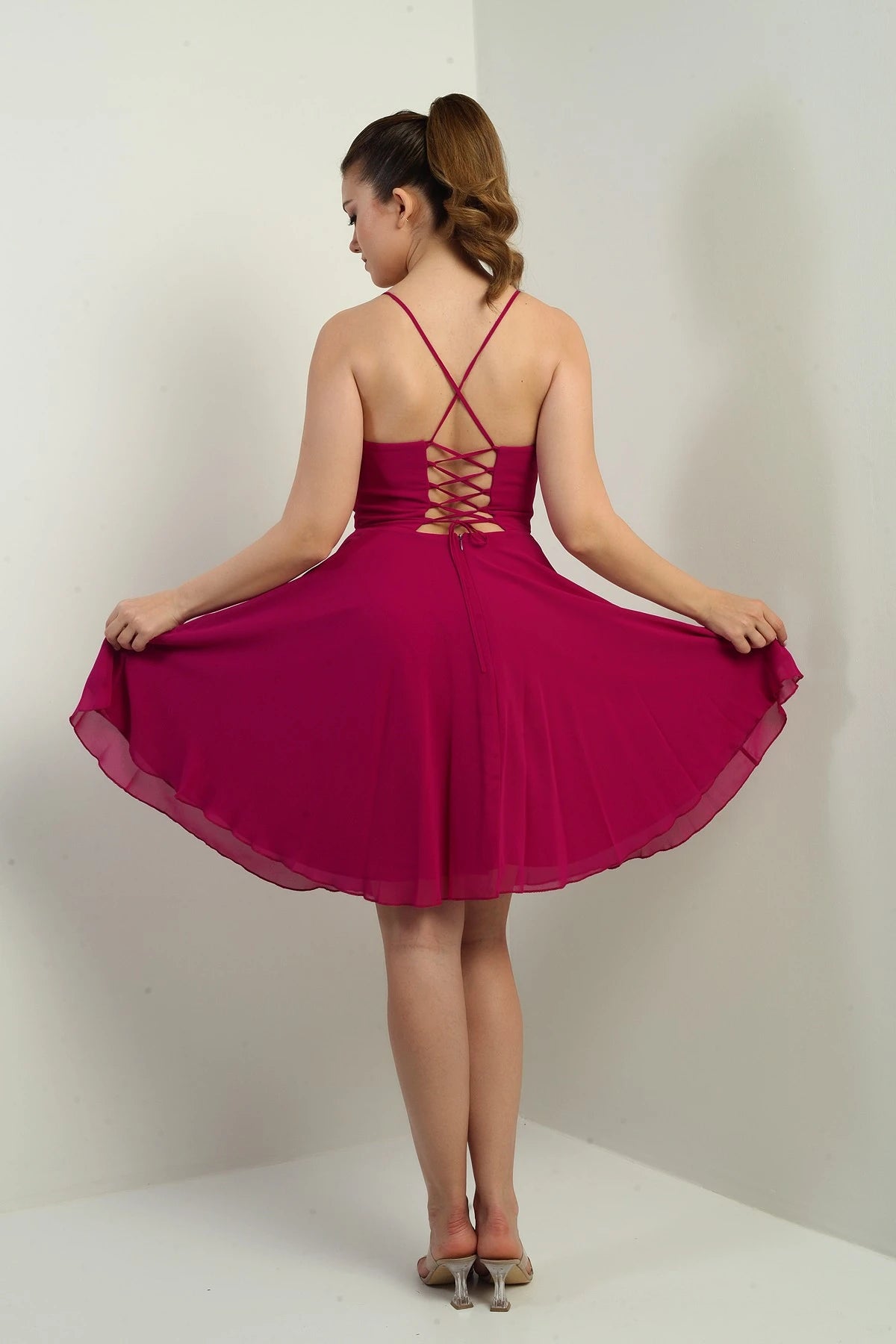 Image of Women's Strappy, Back-Tie, Front-Opening, Lined Chiffon Short Flared Dress