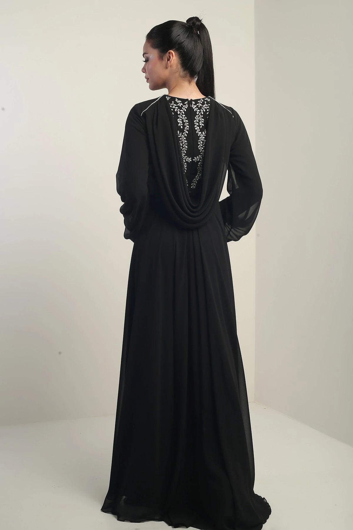 Image of Women's Front and Back Stone Detailed Lined Wide-Leg Chiffon Jumpsuit