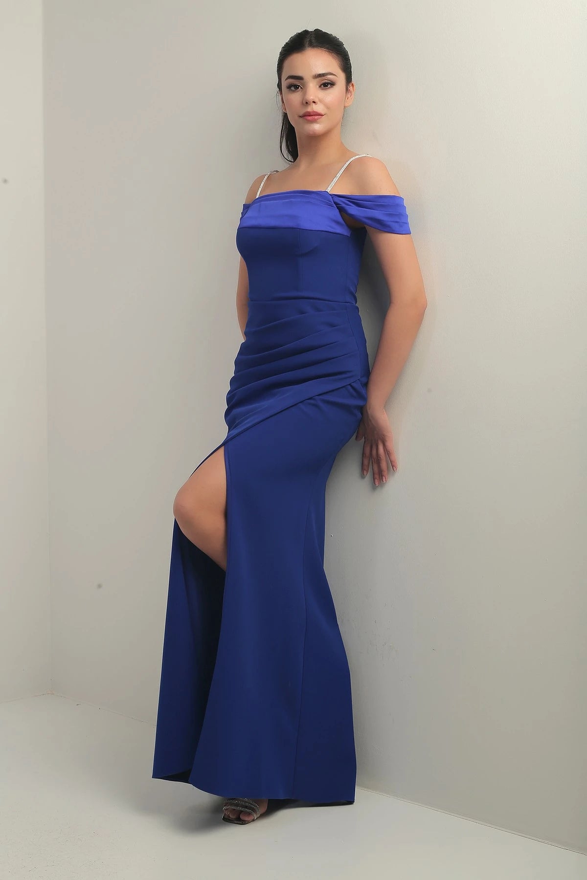 Image of Women's Embellished Thin Strap, Dropped Sleeve Satin Madonna Neckline Lined Draped Double Fishtail Dress