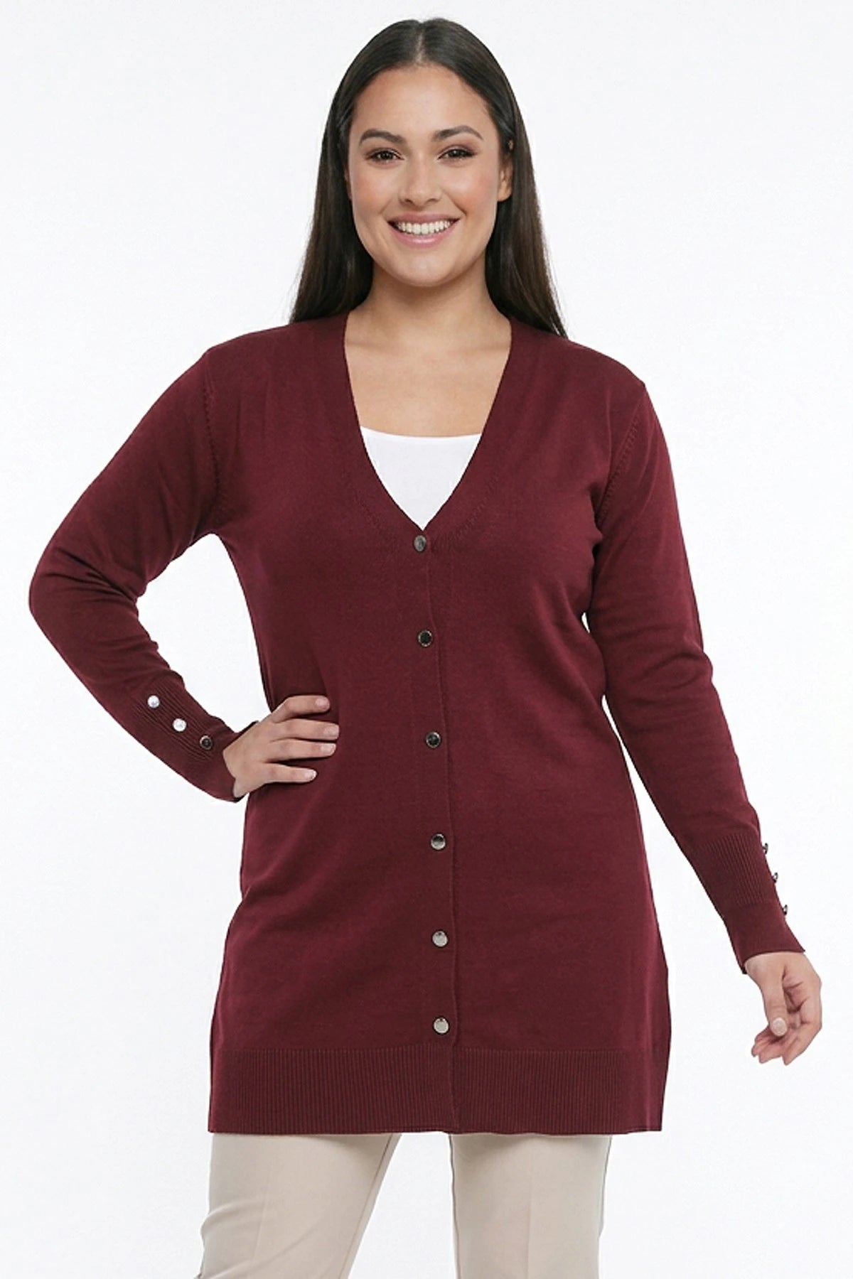 Image of Women's Plus Size Knitted Cardigan with Button Detail on Sleeves