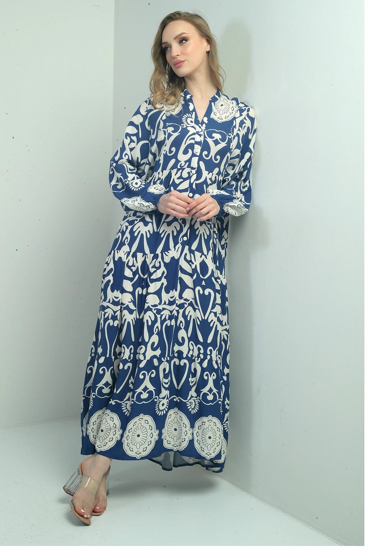 Image of Women's Mandarin Collar, Button-Front, Elasticated Cuff, Shawl Pattern Long Hijab Dress