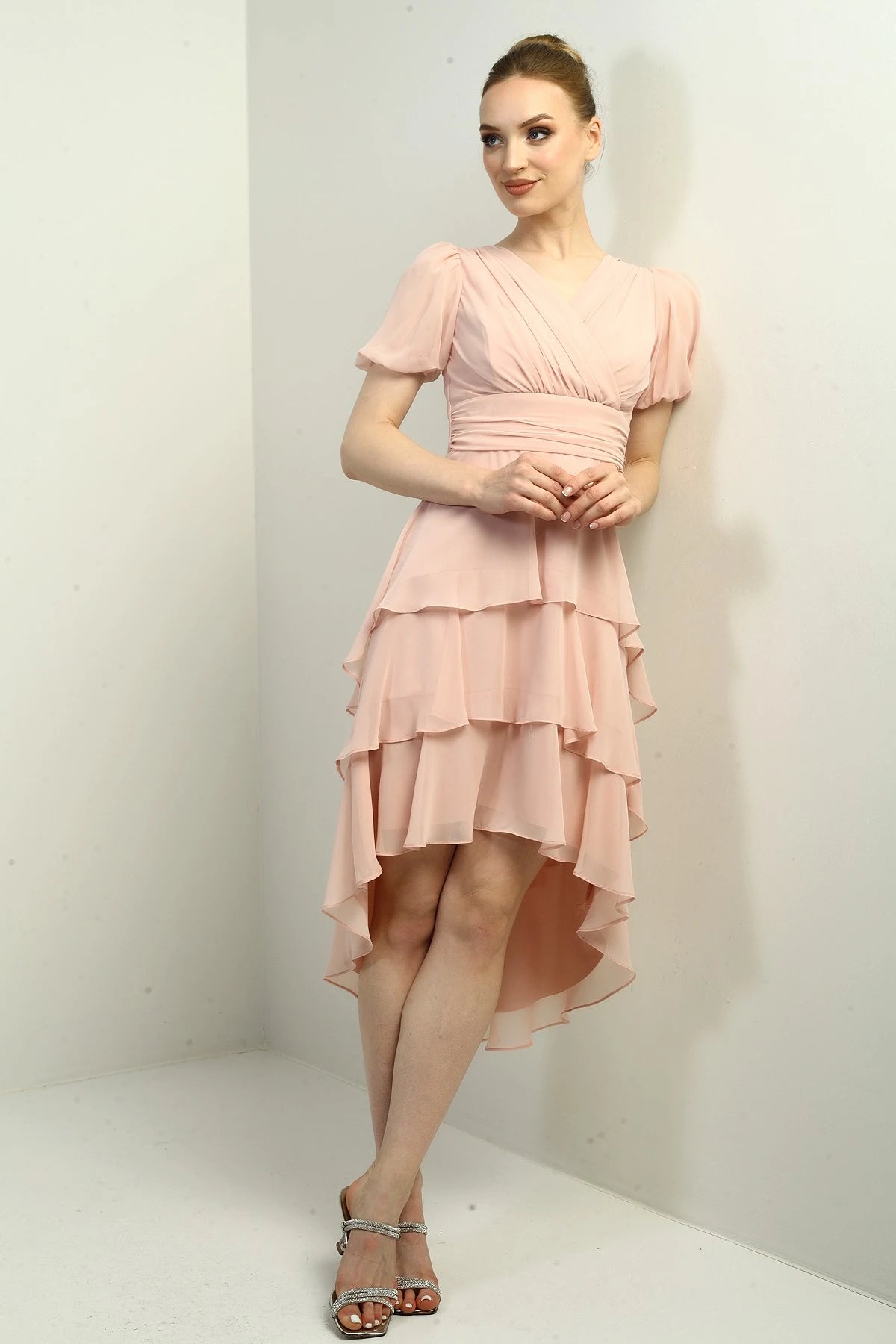 Image of Women's Wrap Neckline Back Zipper Layered Pleated Chiffon Dress