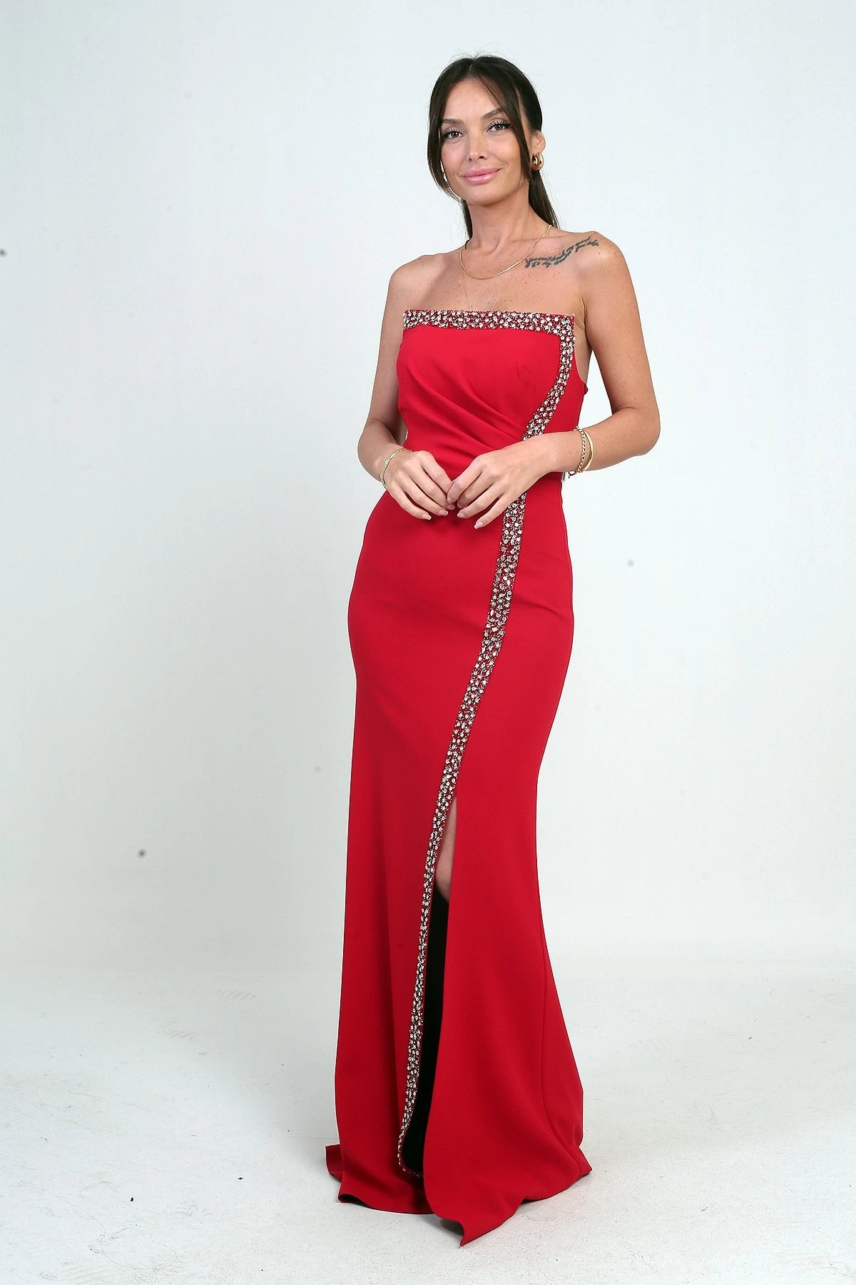 Image of Women's Long Crepe Dress with Draped Front and Stone Embellishments