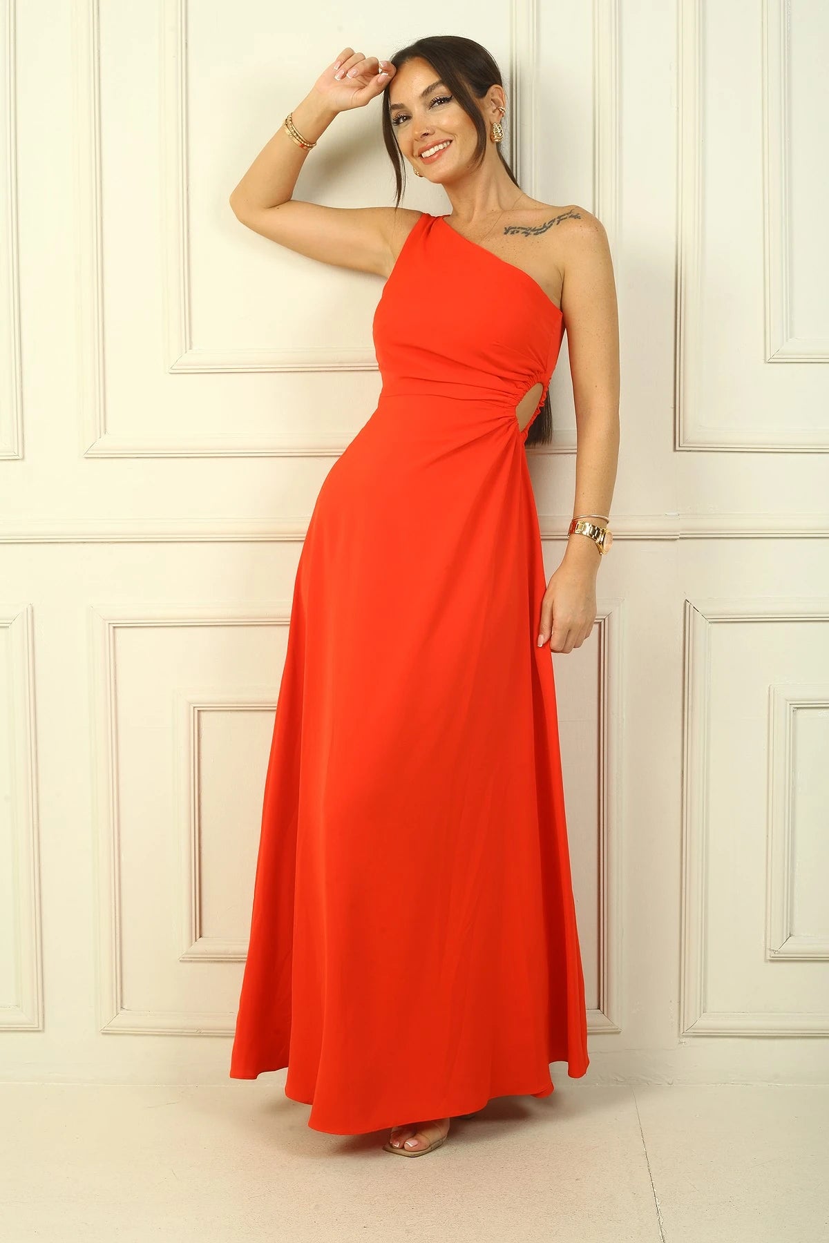 Image of Women's One-Shoulder Long Crepe Satin Dress with Side Window Detail
