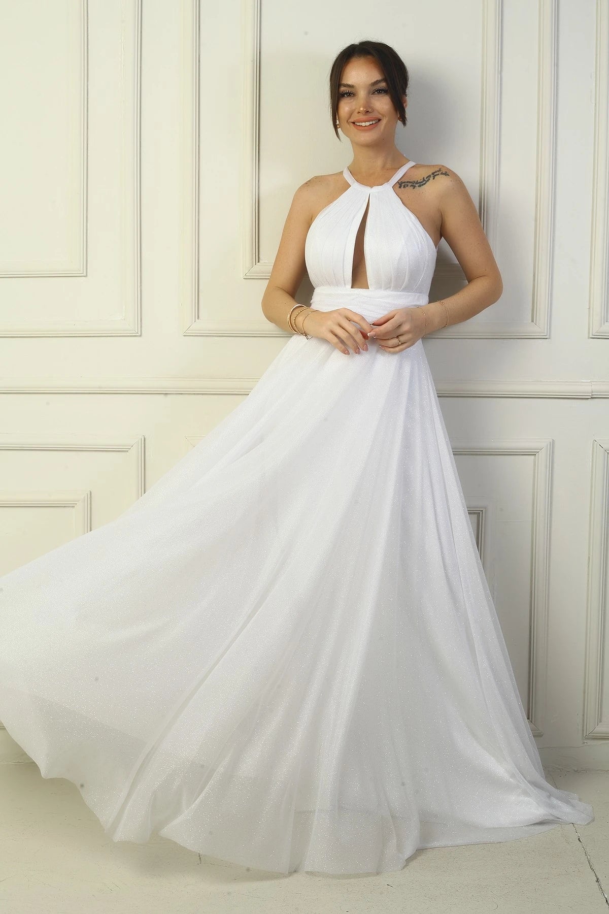 Image of Women's Halter Neck, Pleated Bust, Halter Neck, Lined, Long, Sequin Evening Dress