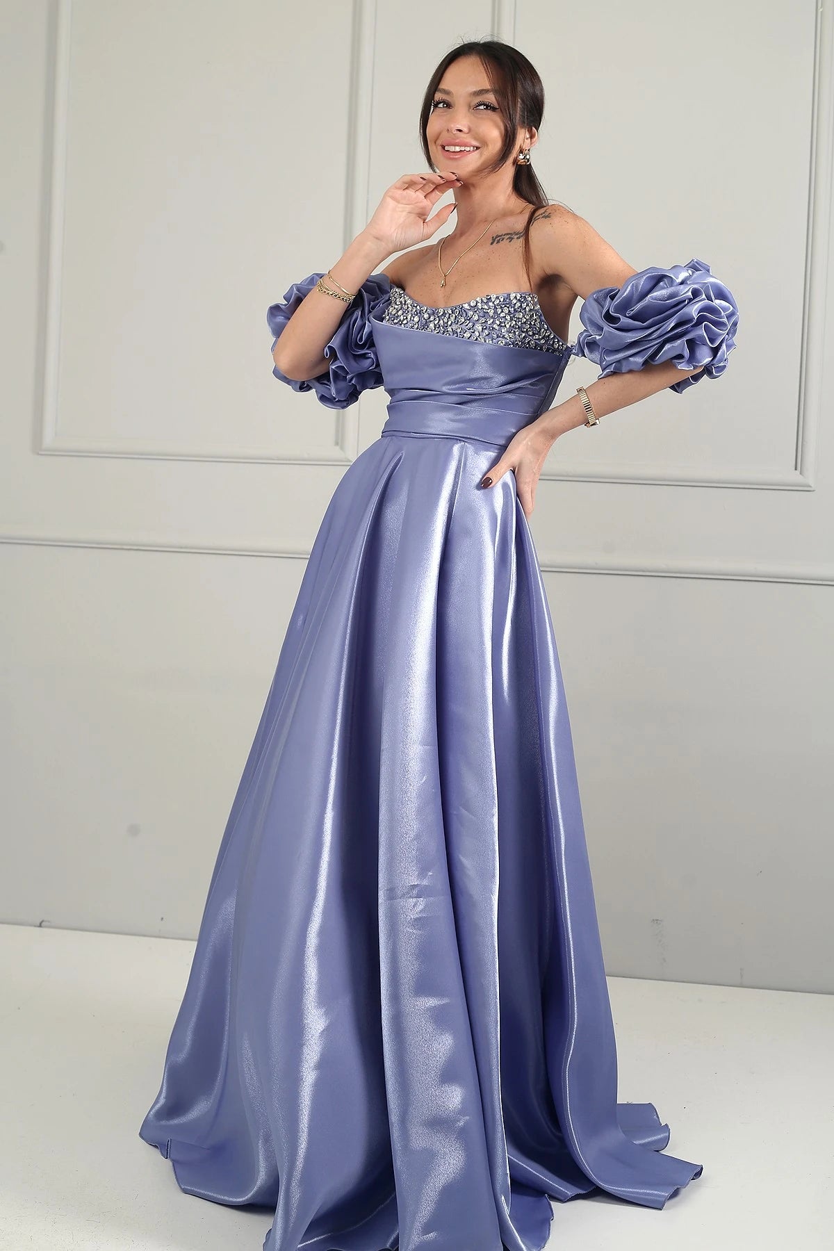 Image of Women's Strapless Balloon Sleeve Lined Long Satin Dress with Stone Embellishments