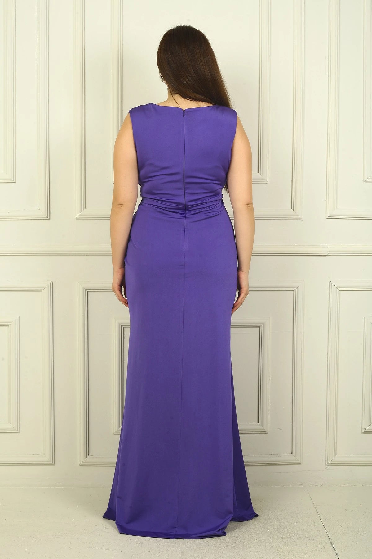 Image of Women's V-Neck Waist Buckle Draped Lined Front Slit Lycra Sandy Plus Size Long Dress