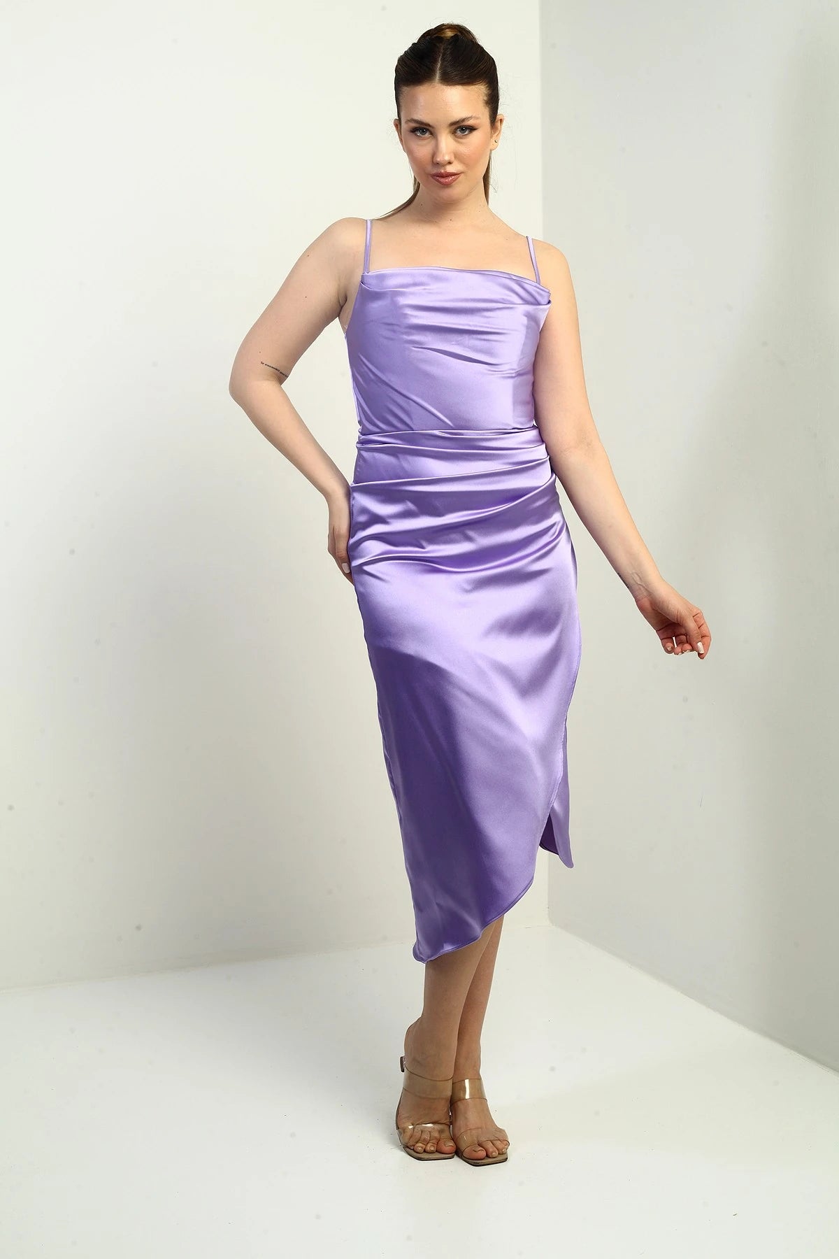 Image of Women's Strappy Draped Lined Asymmetrical Midi Dress