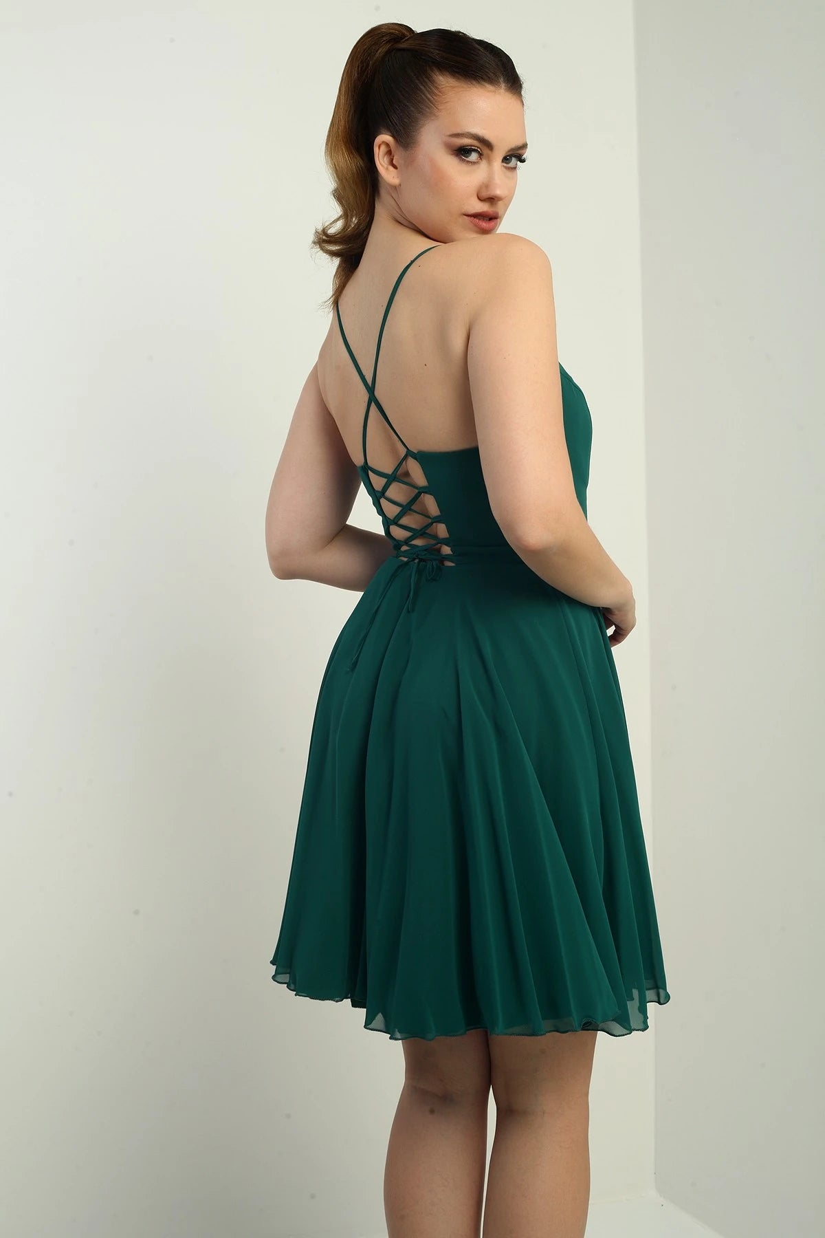 Image of Women's Strappy, Back-Tie, Front-Opening, Lined Chiffon Short Flared Dress