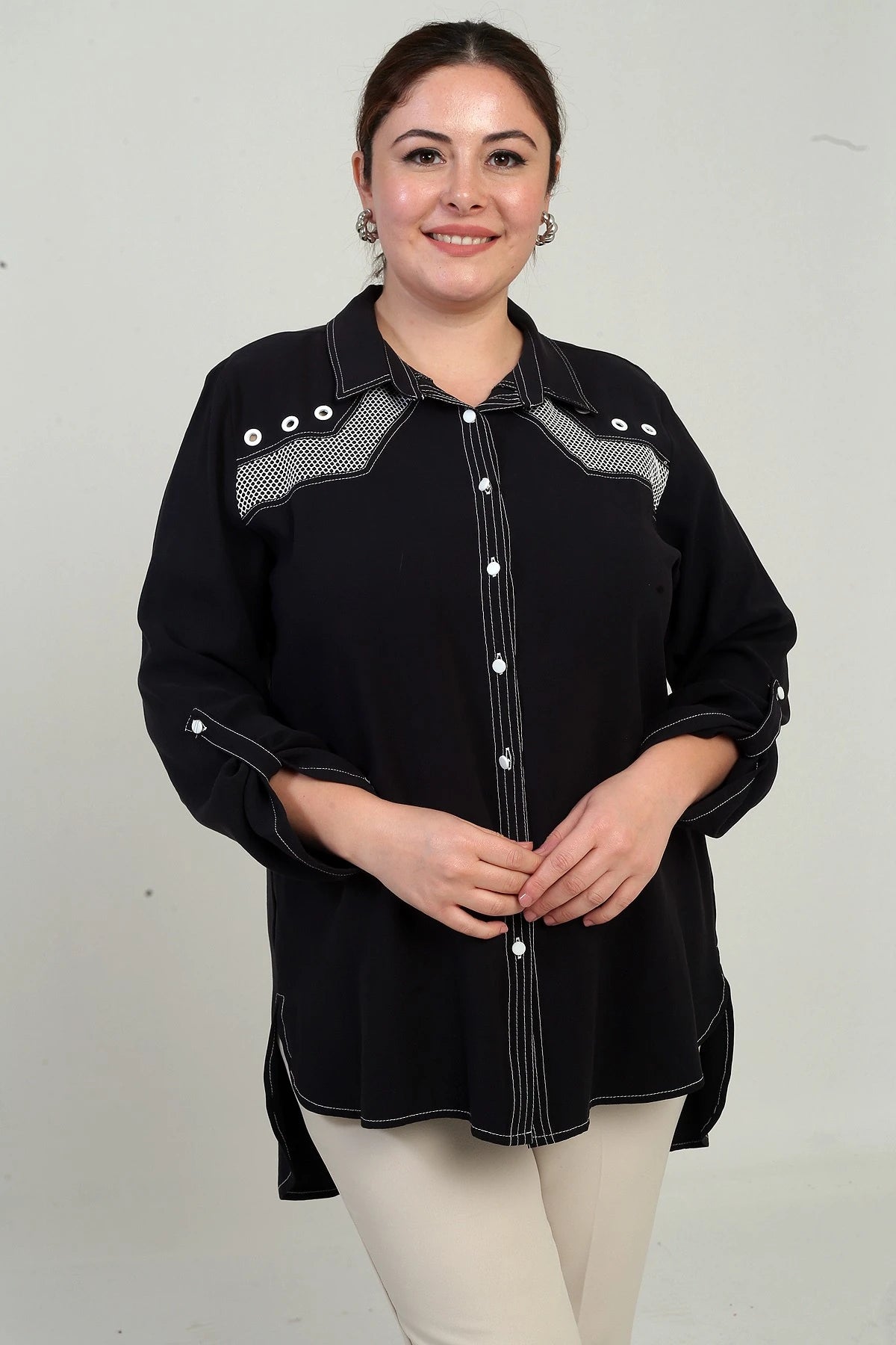 Image of Women's Eyelet Mesh Plus Size Long Shirt with Folded Sleeves