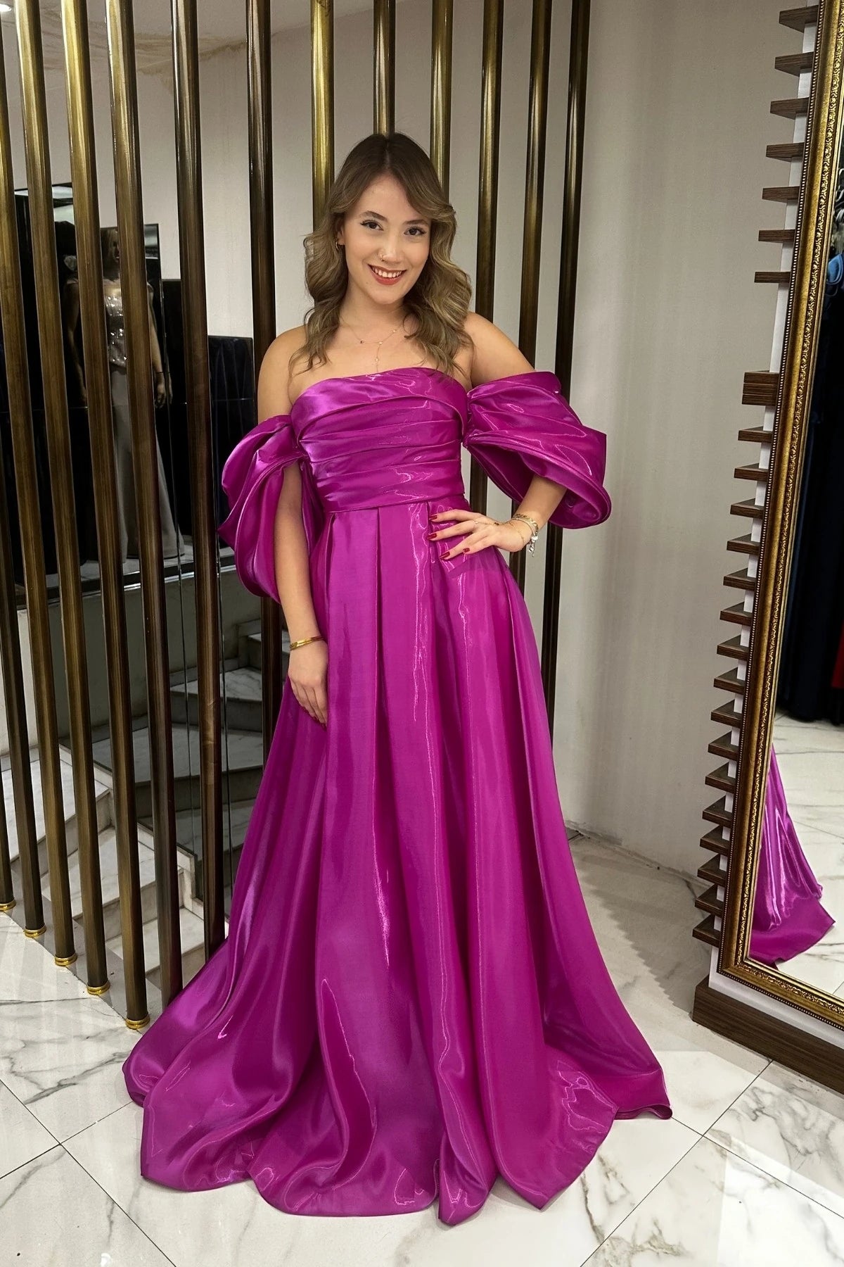 Image of Women's Strapless Balloon Sleeve Lined Pleated Pocket Taffeta Long Dress
