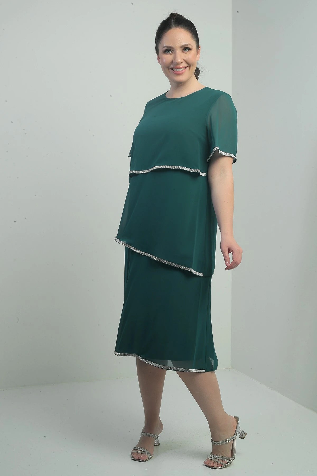 Image of Women's Plus Size Dress with Stone Embellishments, Lined, Short Sleeves, and Three Layers of Chiffon.
