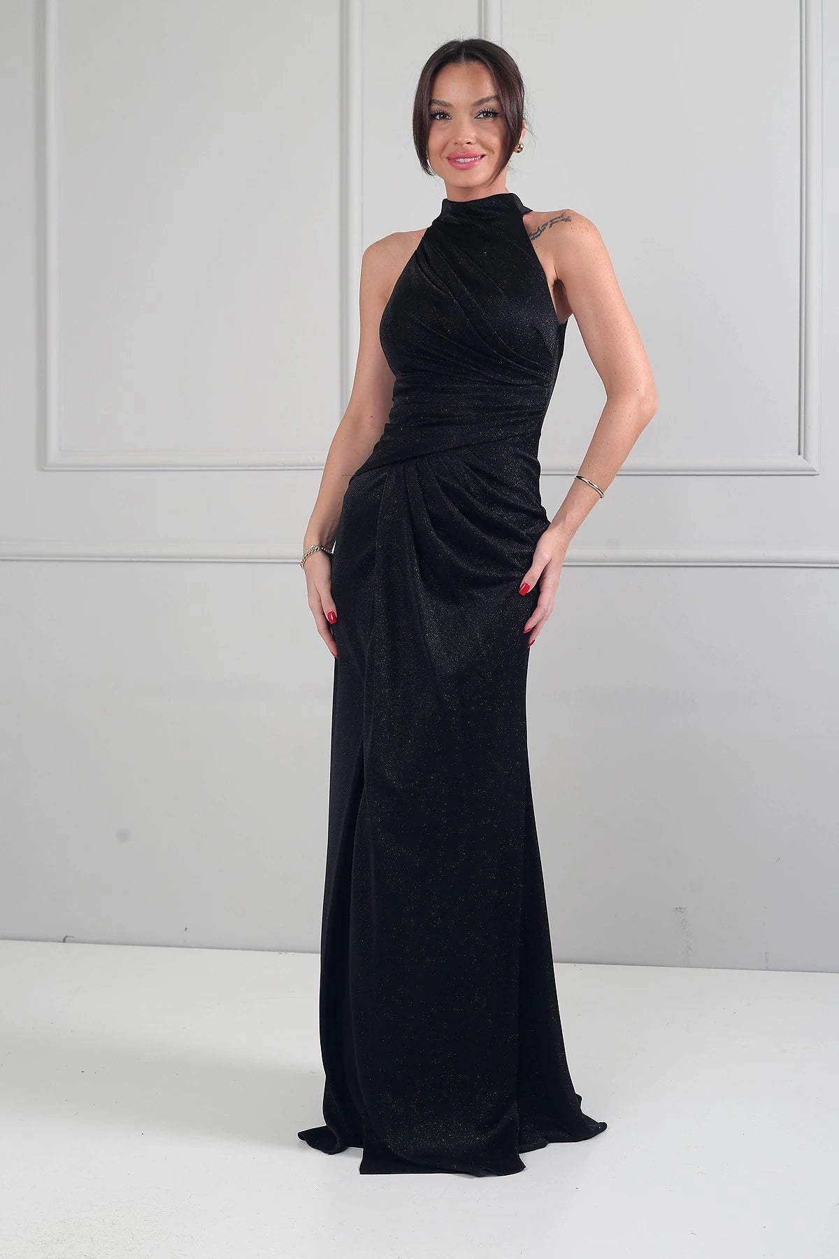 Image of Women's Halter Neck Lined Draped Glitter Long Dress