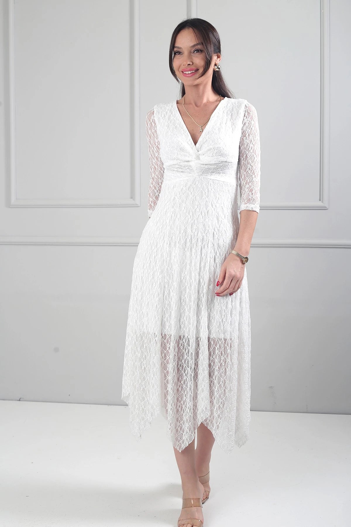 Image of Women's Asymmetrical Lace Midi Dress with Front Knot Detail and Lined Skirt