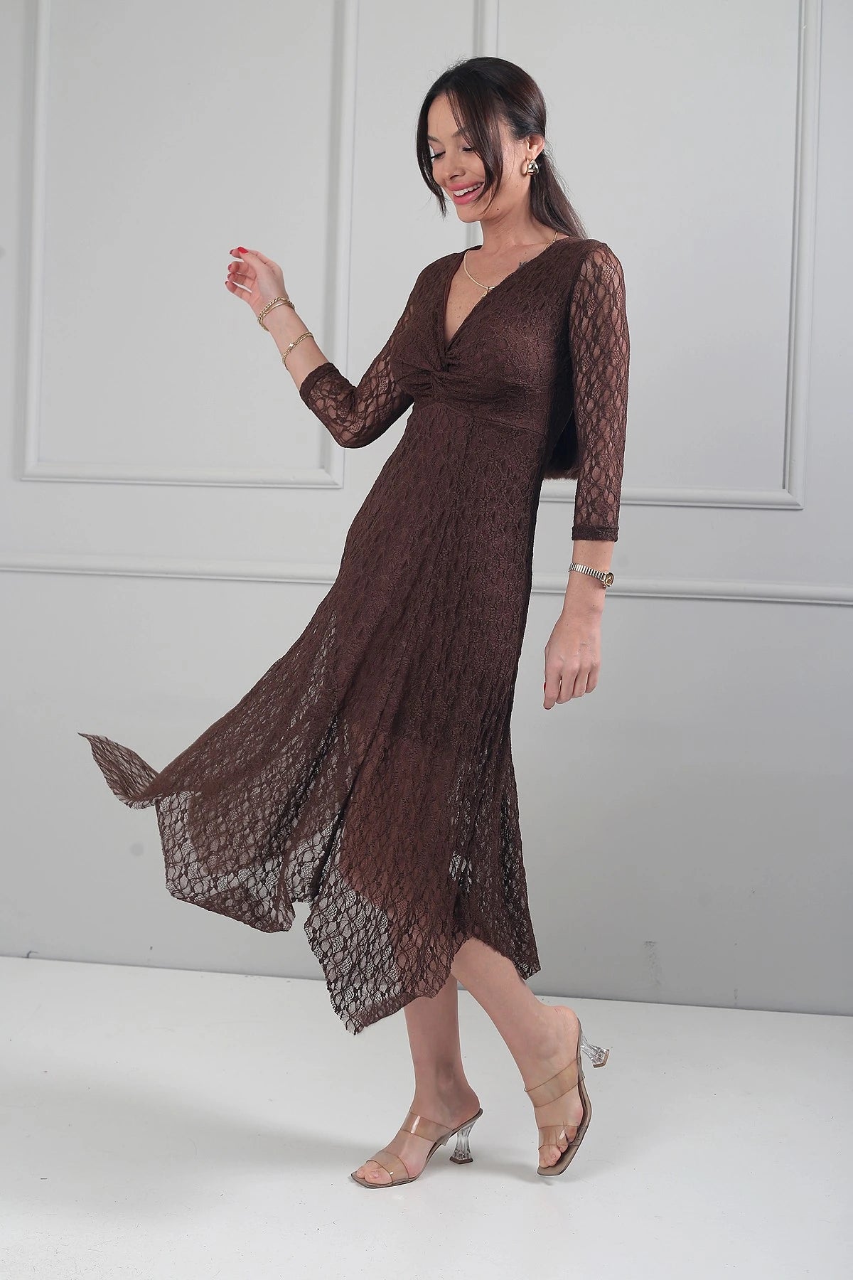Image of Women's Asymmetrical Lace Midi Dress with Front Knot Detail and Lined Skirt