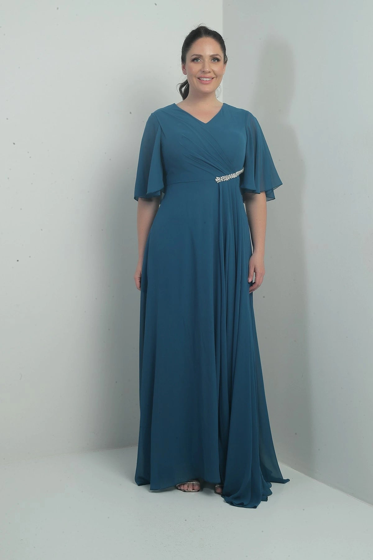 Image of Women's V-Neck, Waistband with Stone Embellishment, Draped, Lined, Plus Size Long Chiffon Dress