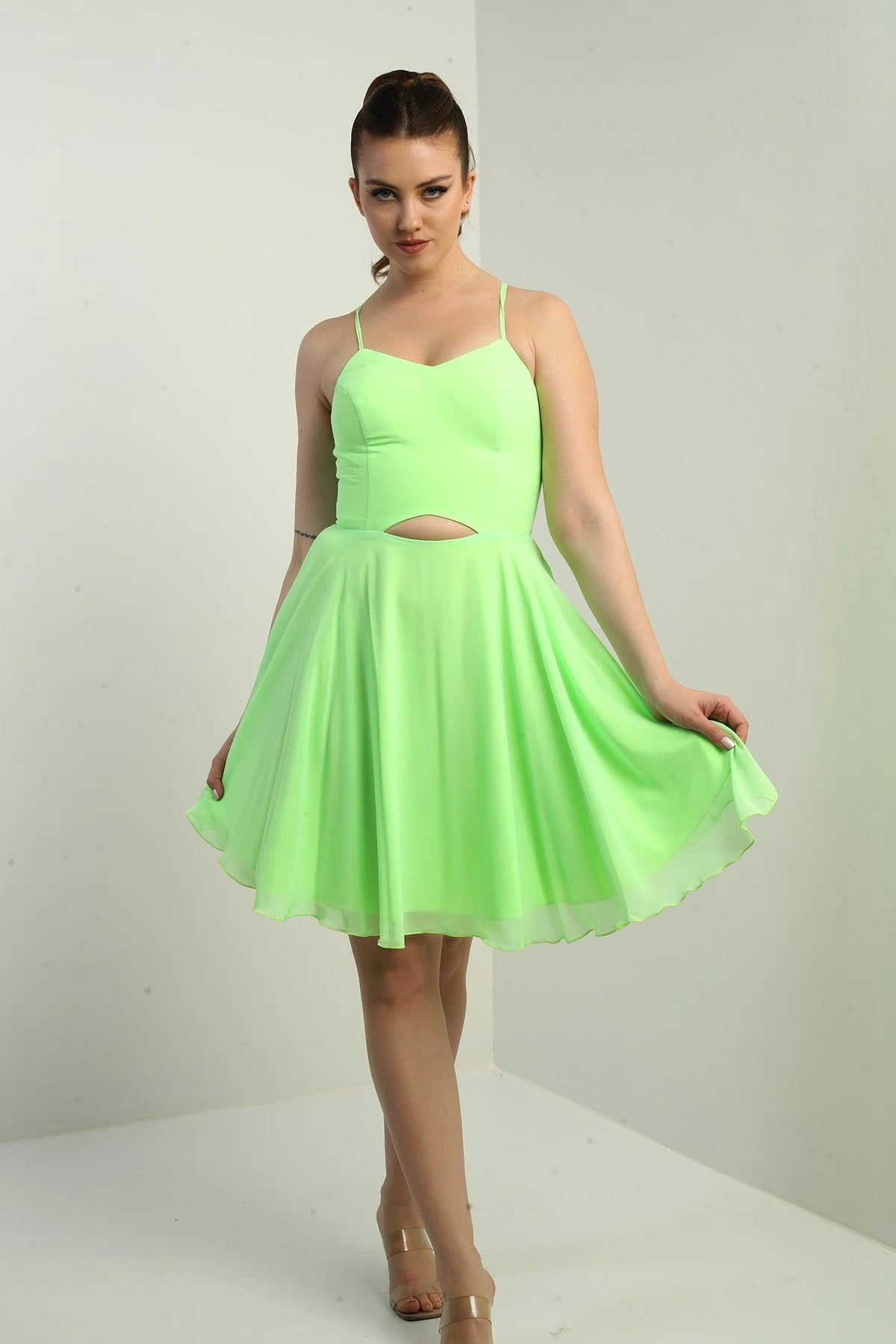 Image of Women's Strappy, Back-Tie, Front-Opening, Lined Chiffon Short Flared Dress