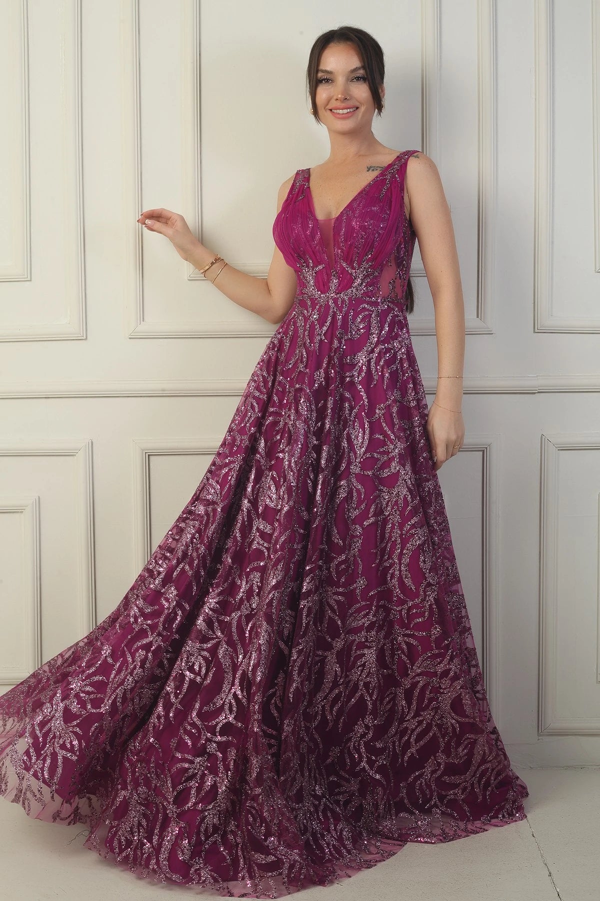 Image of Women's Front and Back V-Neck, Bust Pleat, Back Lace-up, Lined, Glitter Flock Print Long Evening Dress