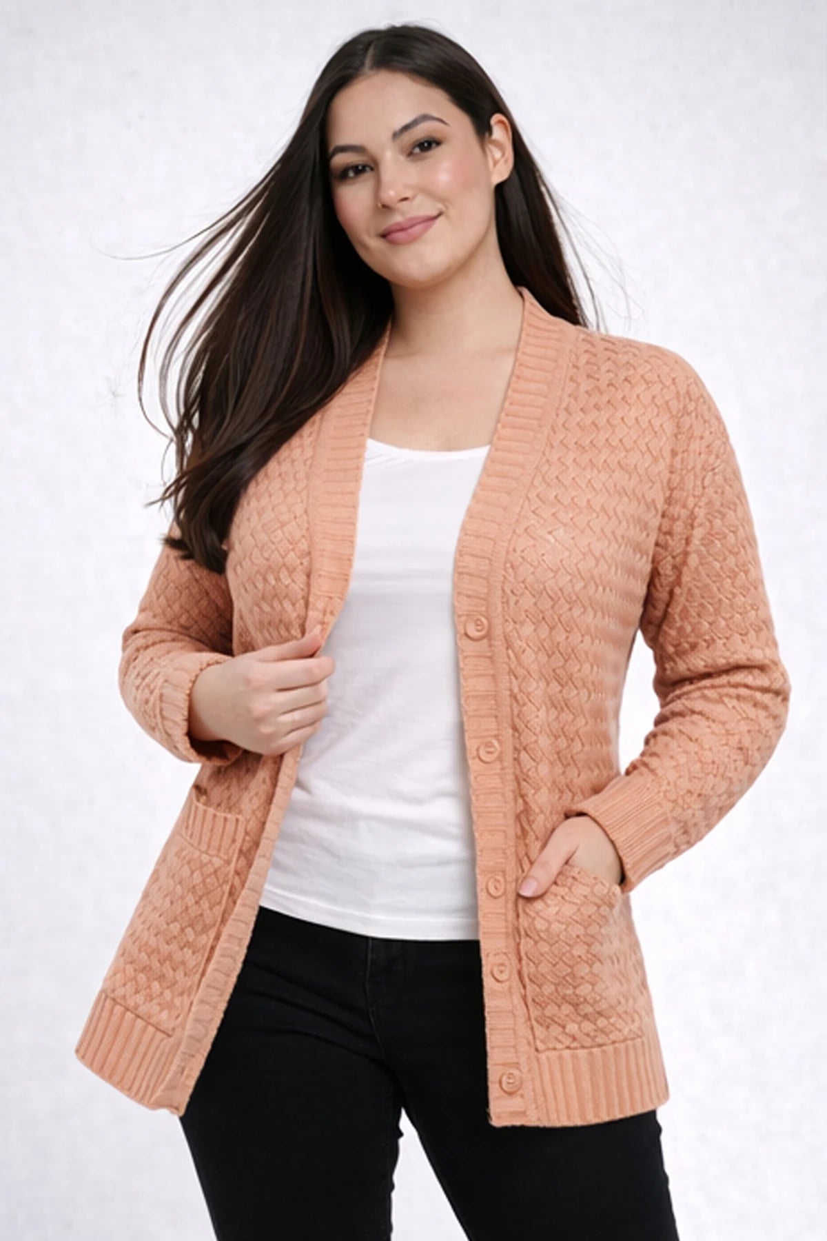 Image of Women's Basket Weave Pattern Pocketed Tunic Cardigan