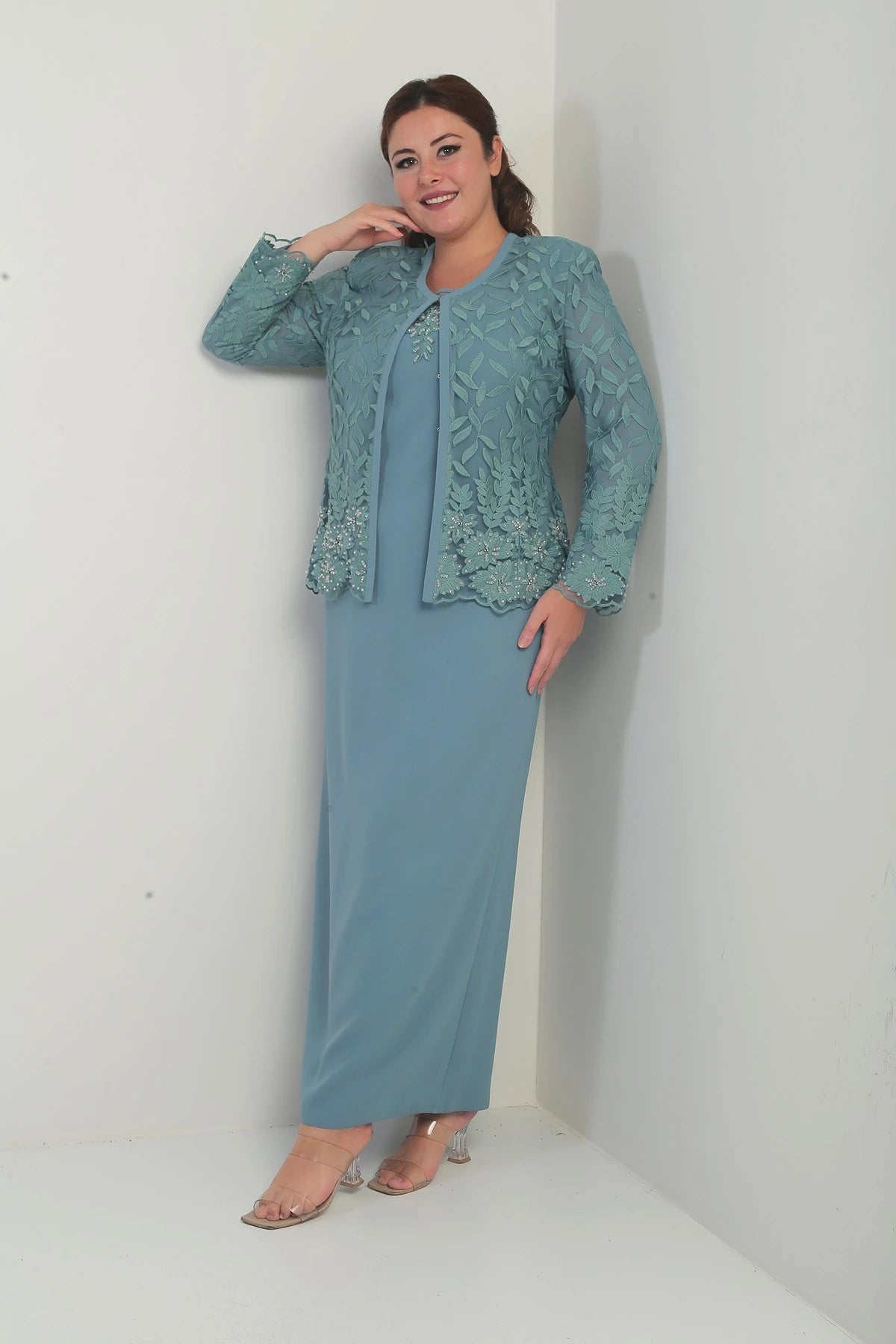 Image of Beaded and Lace Lined Dress and Jacket Set, Plus Size, Two-Piece