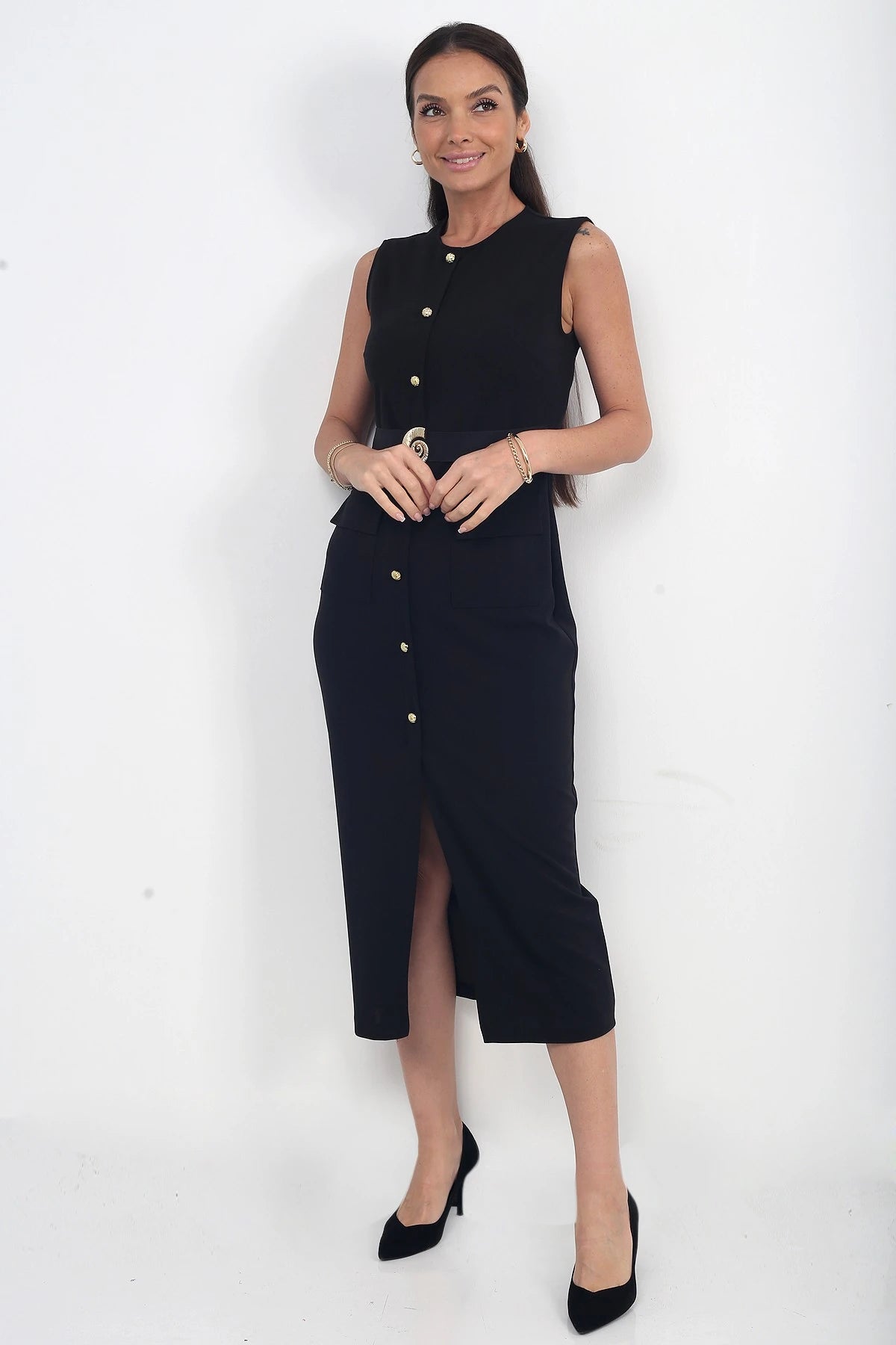 Image of Women's Crepe Midi Dress with Button Front and Pocket Detail, Slit, and Buckle Closure