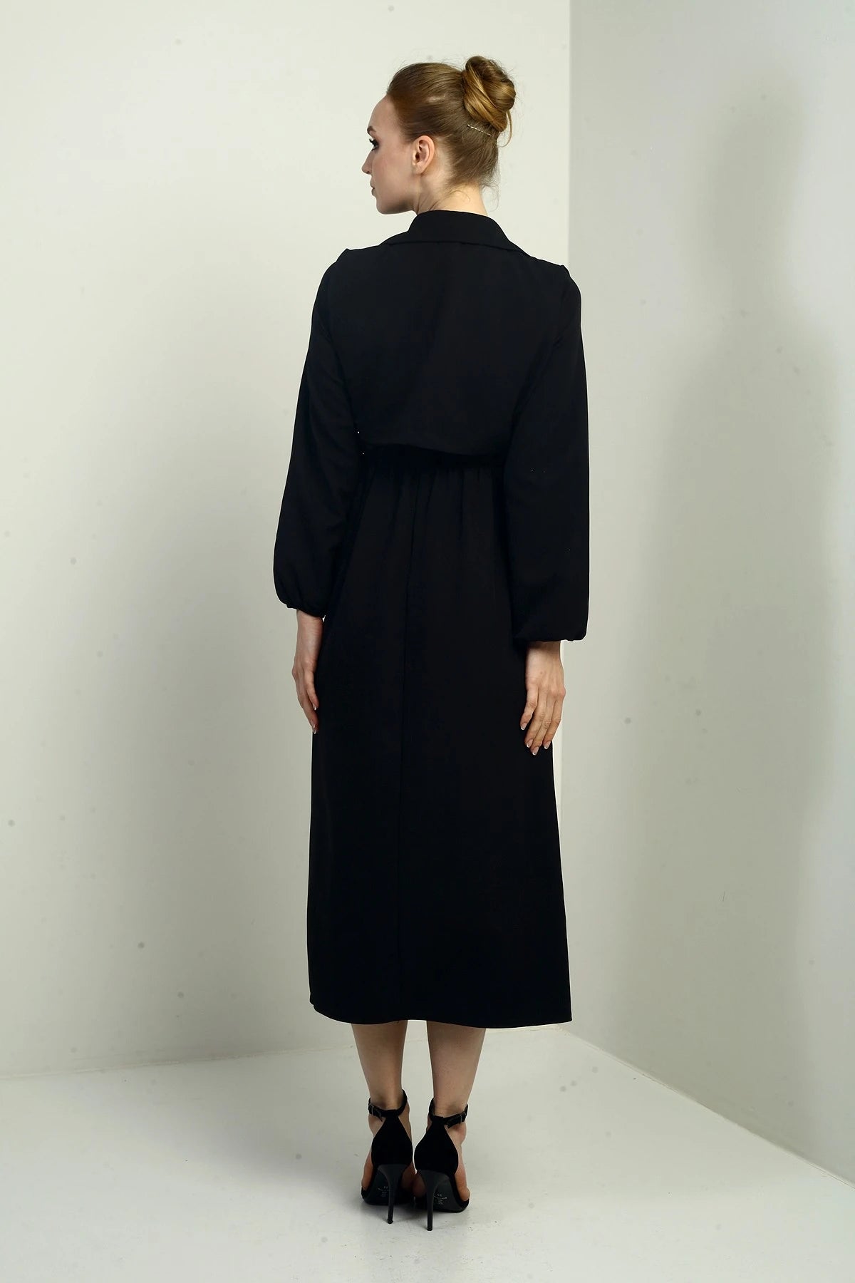 Image of Women's Button-Down Detachable Vest, Elastic Waist, Long-Sleeved Midi Dress
