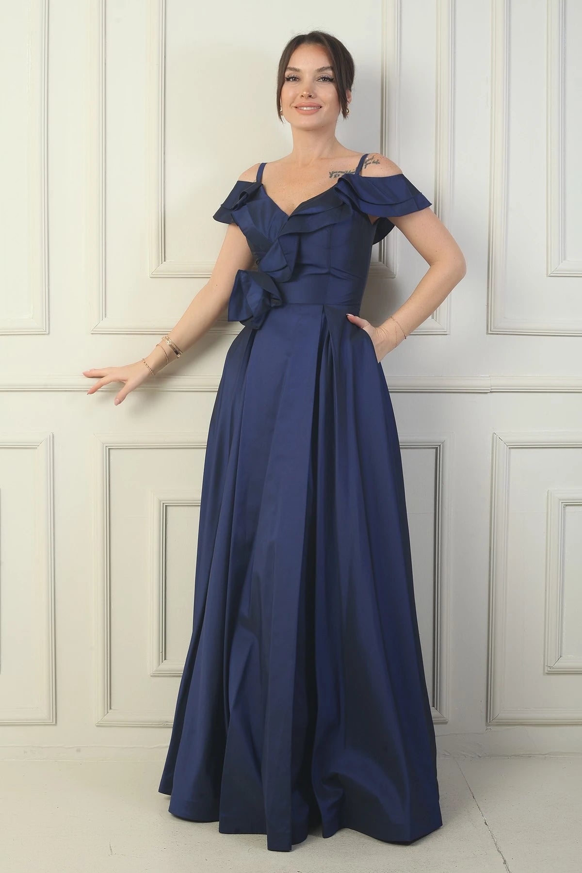 Image of Women's Strappy Boat Neck Long Taffeta Evening Dress with Rose Detail, Lined, and Pockets